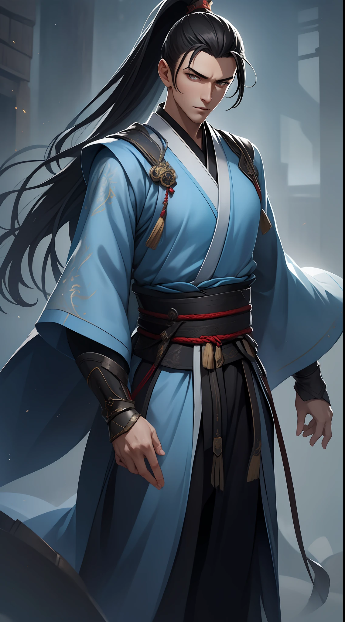 quadratic element，style of anime，mtu（Male Warrior），The proportions are correct，Face details，swordsmen，High ponytail hairstyle，Neck details，There is an Adam's apple，Black Hanfu，kaftan，Embroidered robes，Black robe，clothes details，Handing over，longer sleeves，Game quality，Swordsmanship，Light and shadow tracking，Ray traching，detailed glow，cg render，hair detail，long  white hair，Black eyes，Handsome，Handsome，（juvenile sense），Clothing is complicated，Perfectcomposition，Refinement，high qulity，higher details，Lots of details，The background is complex，a sense of atmosphere，