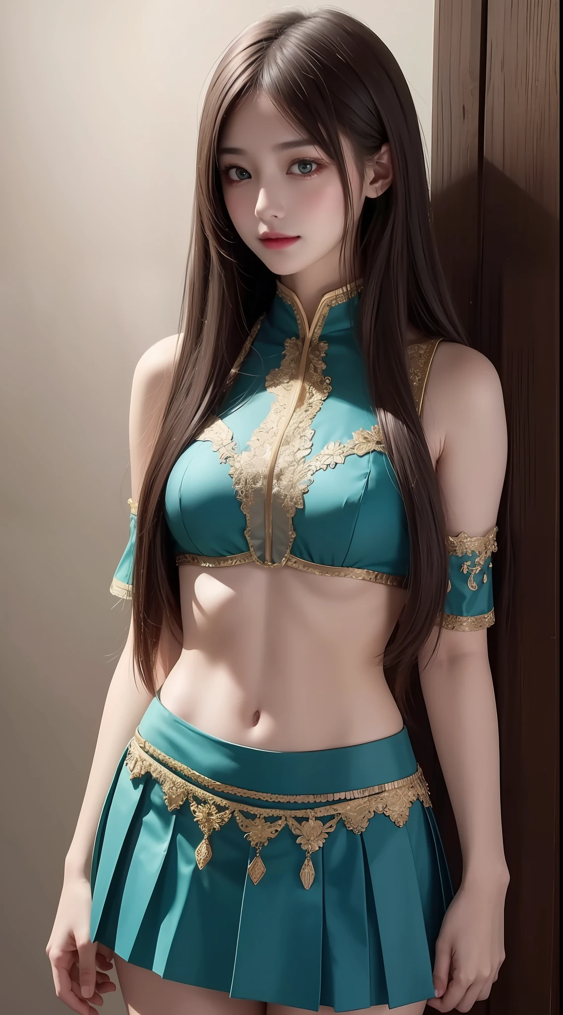 4K ultra, masterpiece, a girl, good face, detailed eyes, spreading hair, ultra long hair, skirt, green half skirt, sexy skirt, bare stomach, shinning, high lights, realistic background, side body, front body,