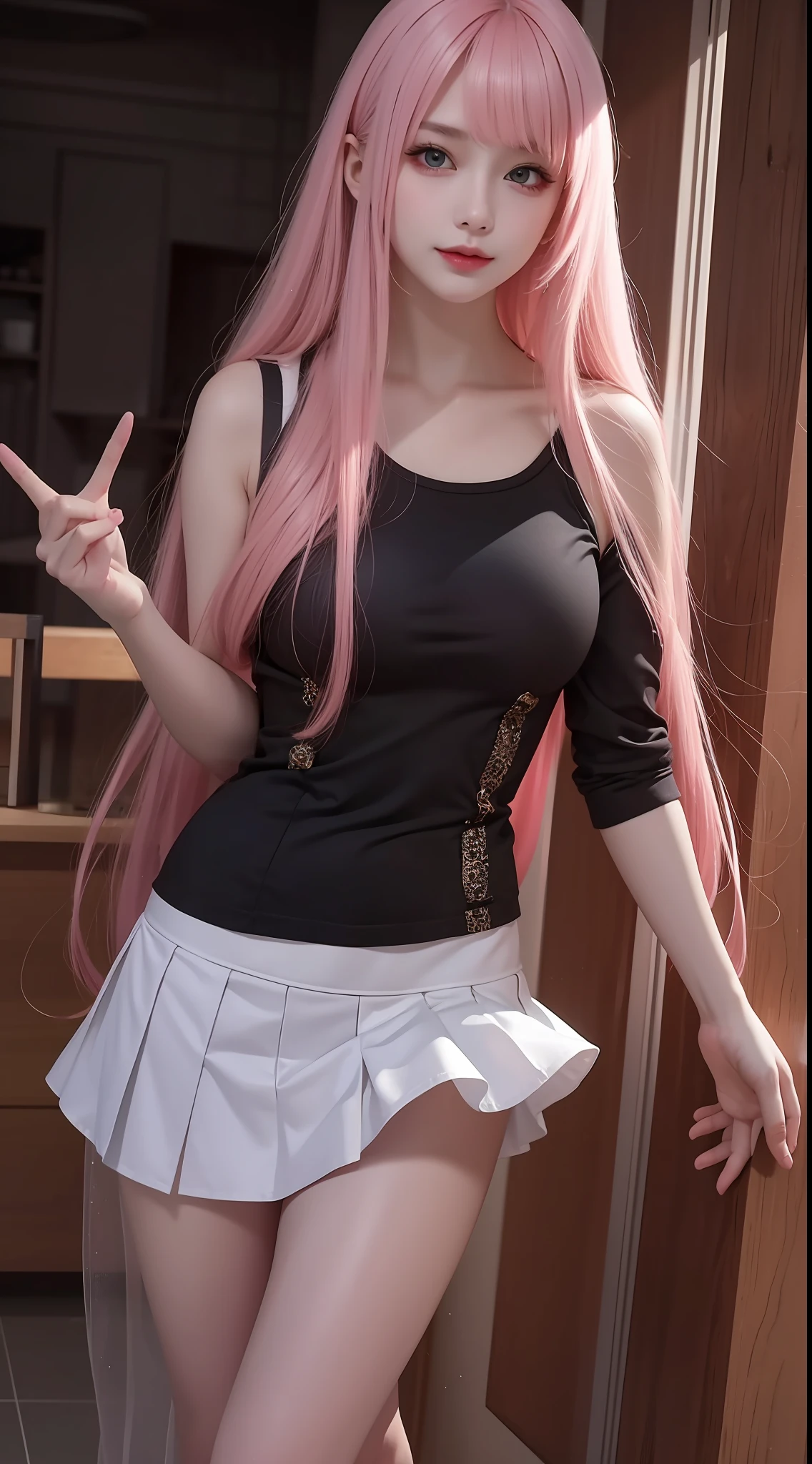 4K ultra, masterpiece, a girl, good face, detailed eyes, spreading hair, ultra long hair, skirt, pink half skirt, sexy skirt, bare stomach, shinning, high lights, realistic background, side body, front body,