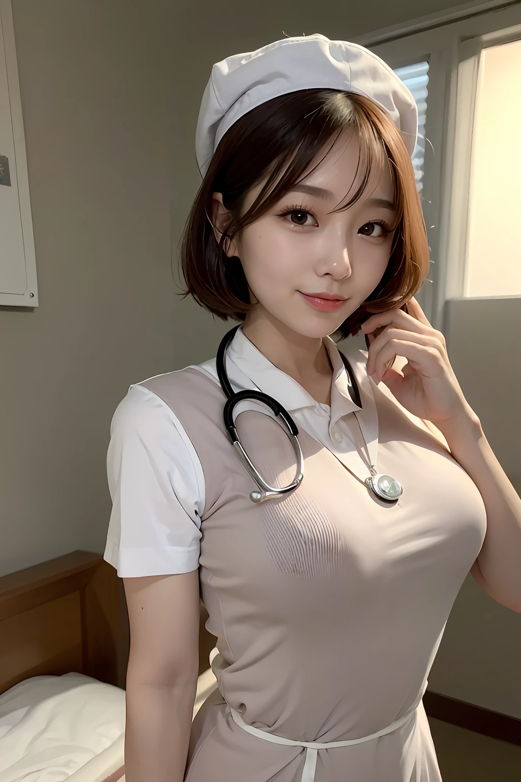 (top-quality、masterpiece、电影灯光、)、phot of a beautiful Japanese women、Glossy reddish-brown shorthair、hair pin、disheveled hair、Floating hair、beauitful face、Slouched、crouching down、(Nurse、White nurse uniform、Nurse Cap、Wrap the stethoscope around your neck、)、Beautiful breast slip、Hourglass body、A smile that captivates the viewer、Look into the cameraman and talk、Hospital Patient Rooms、Close face、shinny skin、Bold sexy poses、Beautiful Finger、