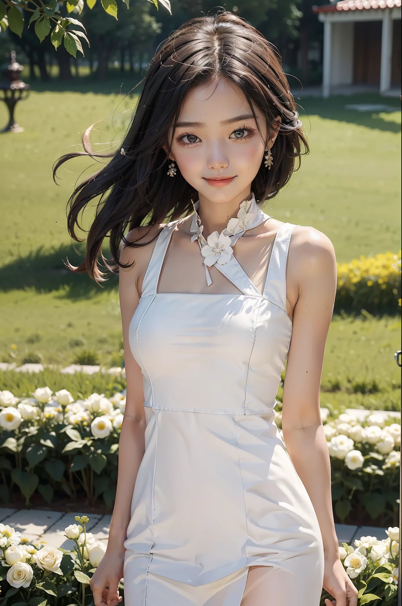 best qualtiy,tmasterpiece,超高分辨率,Truly moving,RAW photogr,1girl,white dresses,cropped shoulders,blooming flower field,Glowing skin,Light smile。