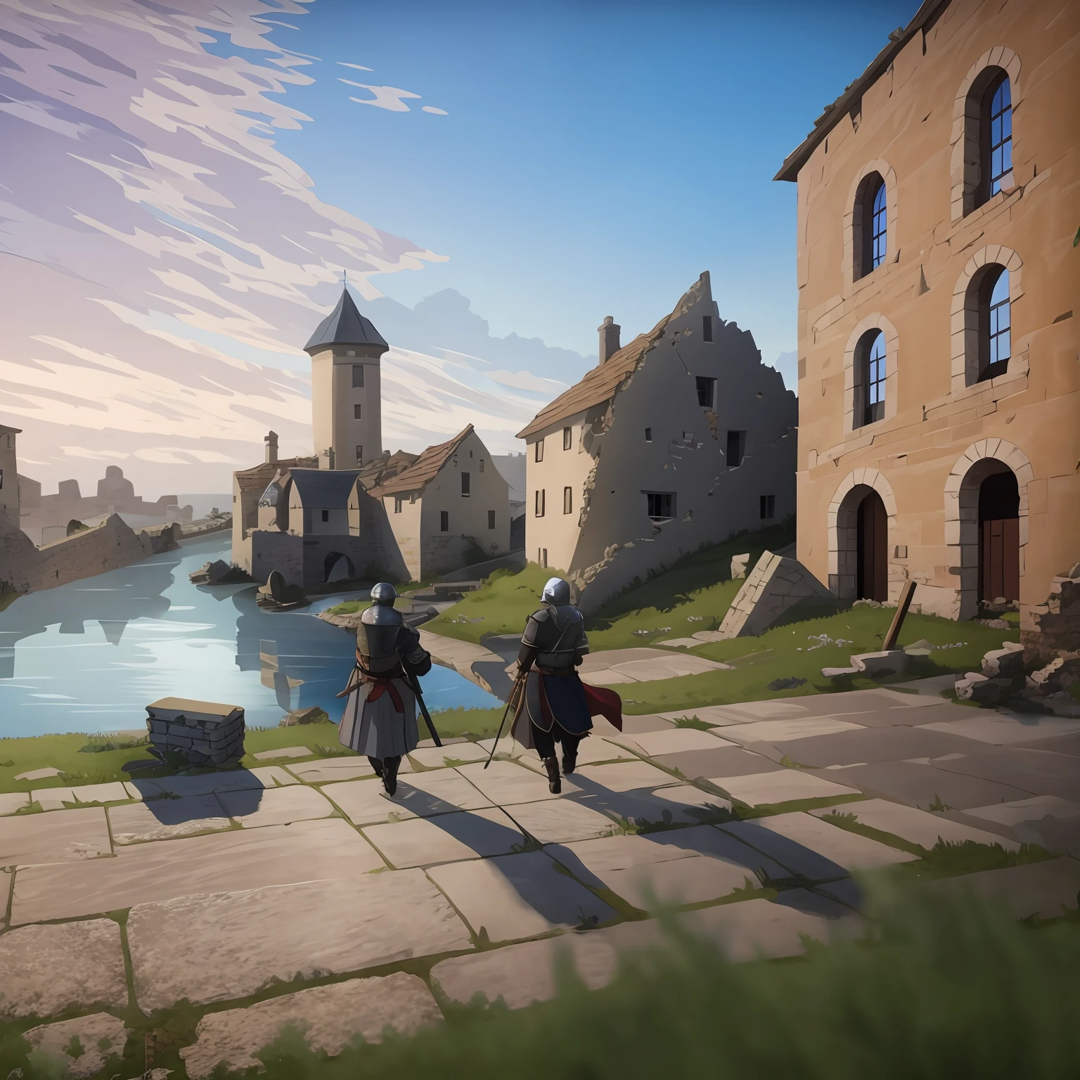 Old Towns of Medieval Europe Ocean wind Brick house stone pavement wreckage crumble devastated Consuming Anime of the 2020s Knight in Western-style armor Knight in Silver Armor Screenshot ruin city Crumbling house Cracking House Crumbling house