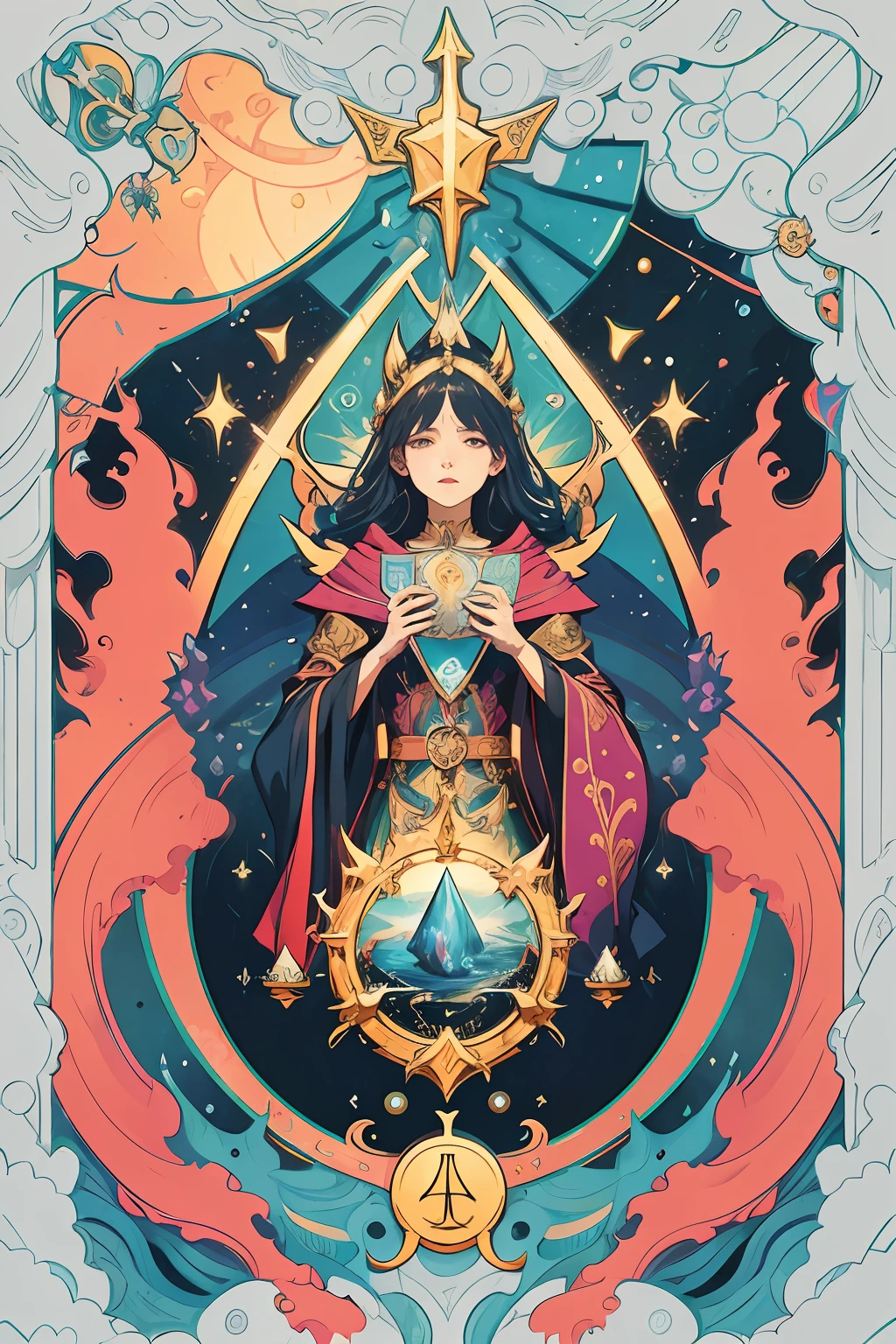 Tarot cards are a beautifully illustrated set of tarot cards,Each card depicts a different symbol and prototype,vibrant with colors,Exquisite details,The mystery and symbolism of tarot cards are captured,Viewers are invited to explore the depths of the subconscious,And seek guidance from the cards。 Dreamy colors,brightcolors,hyper HD