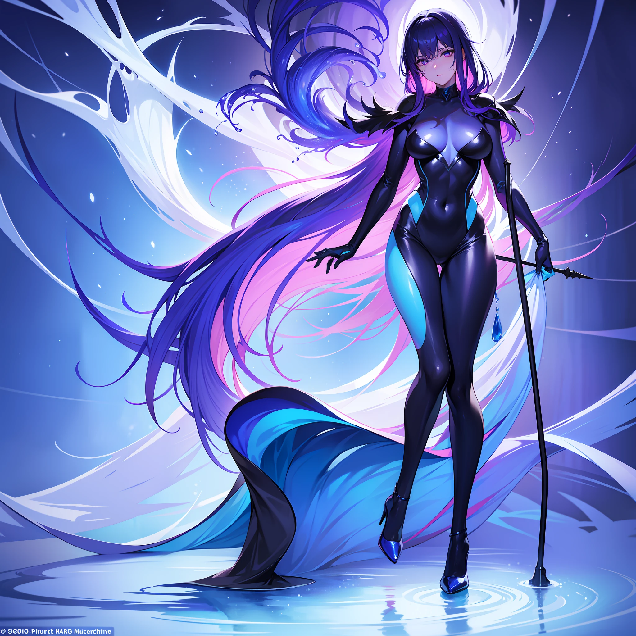 The whole body is covered with blue liquid,exposing her chest,Blue liquid,Beautuful Women,high-heels,blacksilk,Purple eye,are standing,Raised sexy,Cocked buttocks,Long-legged beauty,Thin leg,Mucus gets into the butt