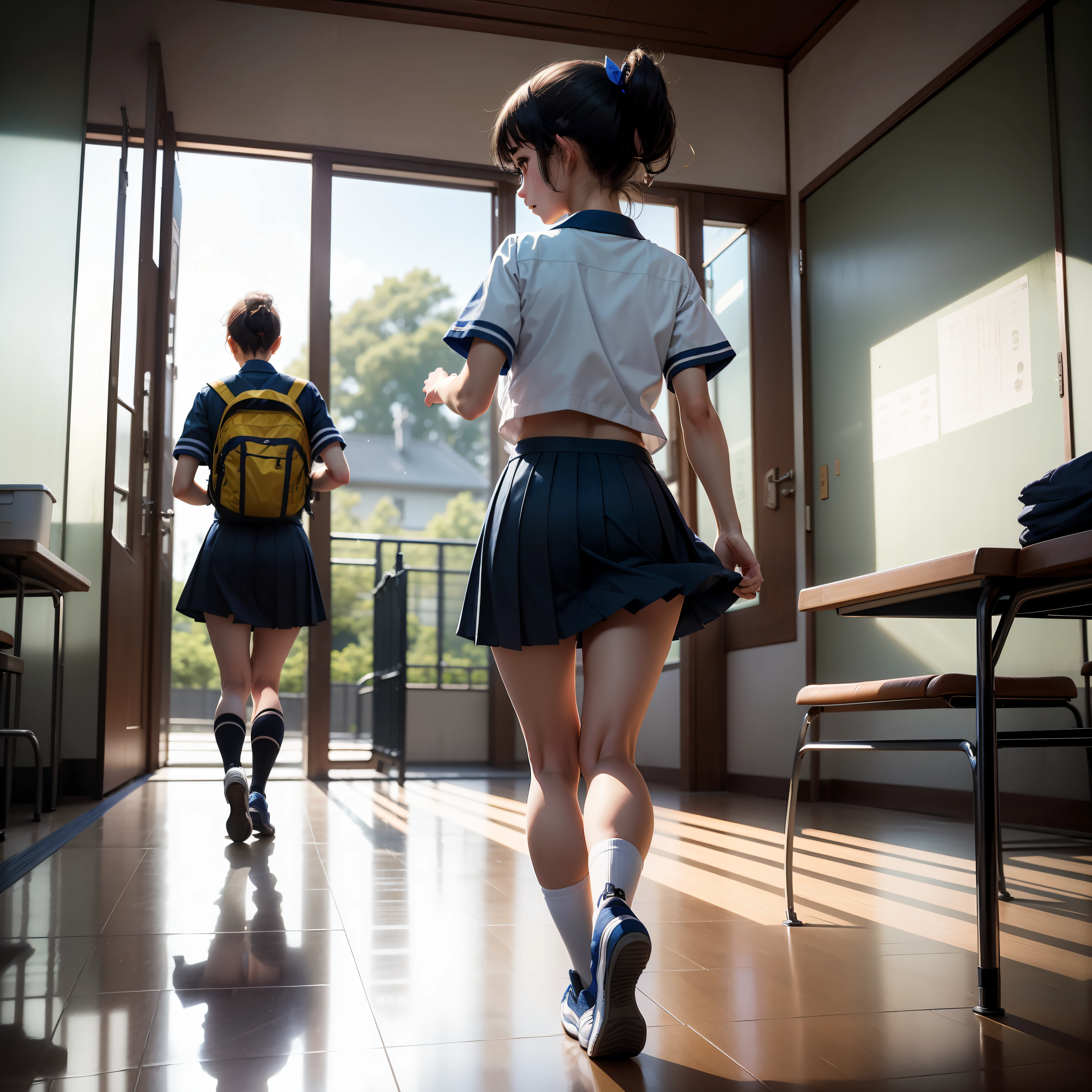 "A girl,a boy, in a Japanese-style outfit, is running, turning back, waving, taking small steps. She's wearing a blue-black pleated skirt, ankle socks, and a blue sailor uniform. Her features are distinct, and she looks happy and not angry. The background is a school campus and crowd, with a classroom, school gate, captured in a distant focusphotography,The background is blurred out，The light from the back window is backlighted，Turn your back and turn your head