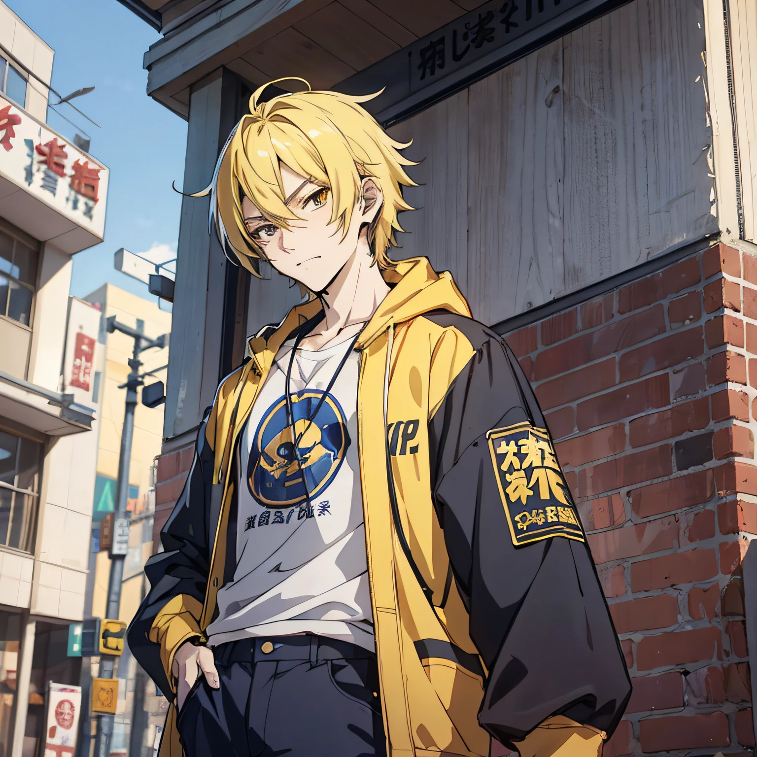 Anime style 4K,Anime rendering,style of anime,China Campus,A yellow-haired young man,Wear blue casual attire,On campus,are standing,A smug and arrogant expression