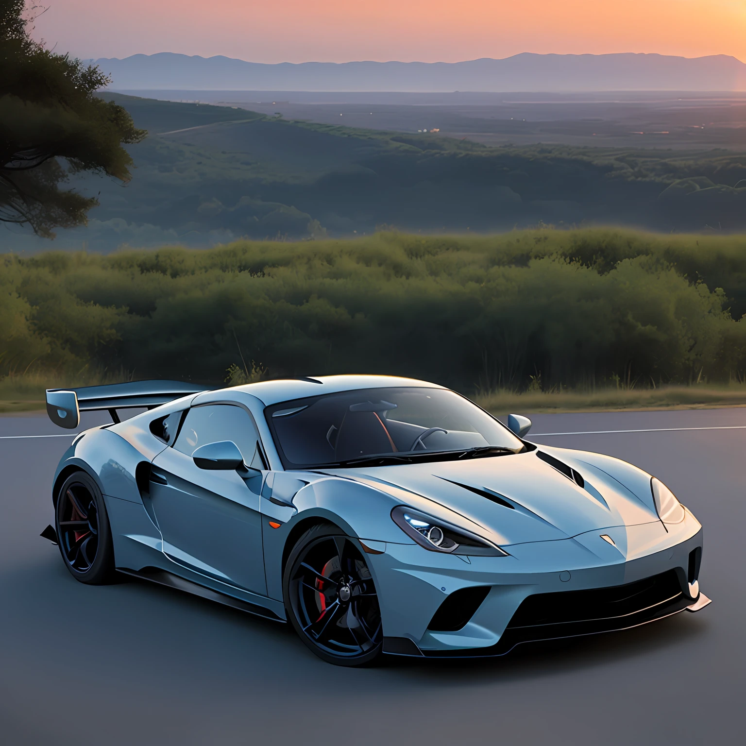 Sports car, landscape, sunset, best quality, realistic