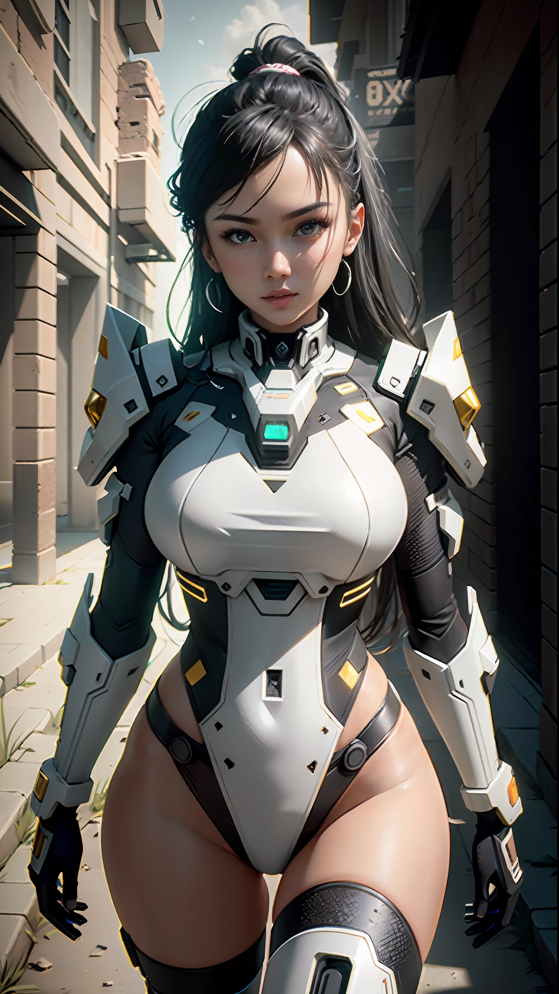 ((Best quality)), ((masterpiece)), (highly detailed:1.3), 3D,Shitu-mecha, beautiful cyberpunk women with her mecha in the ruins of city from a forgoten war, ancient technology,HDR (High Dynamic Range),Ray Tracing,NVIDIA RTX,Super-Resolution,Unreal 5,Subsurface scattering,PBR Texturing,Post-processing,Anisotropic Filtering,Depth-of-field,Maximum clarity and sharpness,Multi-layered textures,Albedo and Specular maps,Surface shading,Accurate simulation of light-material interaction,Perfect proportions,Octane Render,Two-tone lighting,Low ISO,White balance,Rule of thirds,Wide aperature,8K RAW,Efficient Sub-Pixel,sub-pixel convolution,luminescent particles,light scattering,Tyndall effect