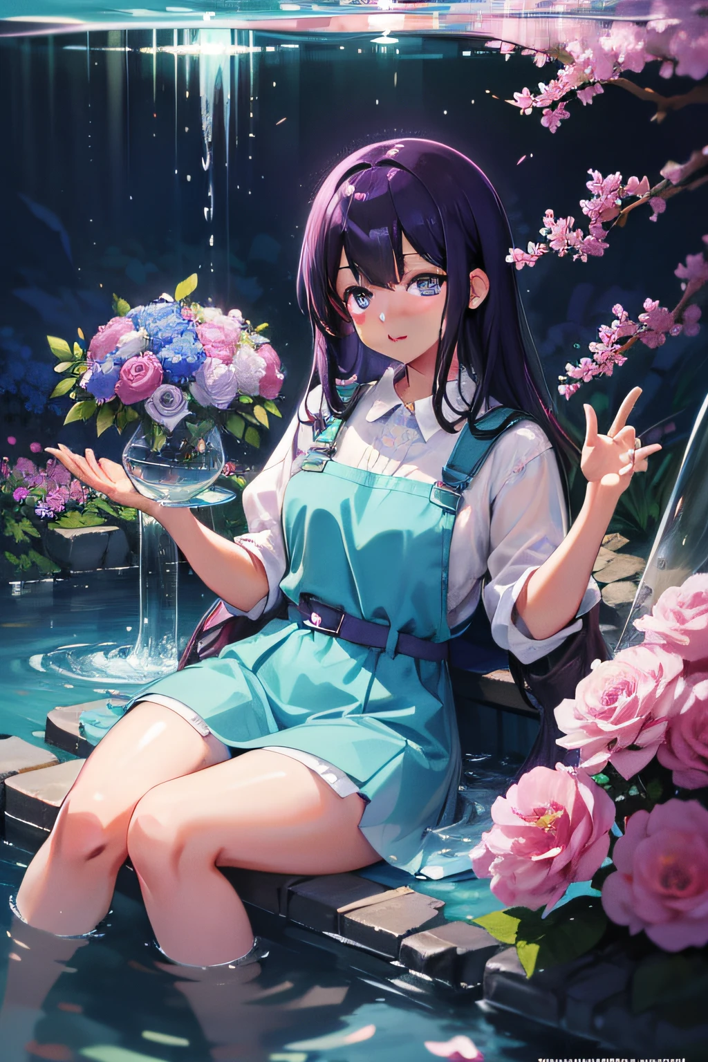 The water is shining，Purple tones，fresh flowers，The overall atmosphere is harmonious，poster for，glass，