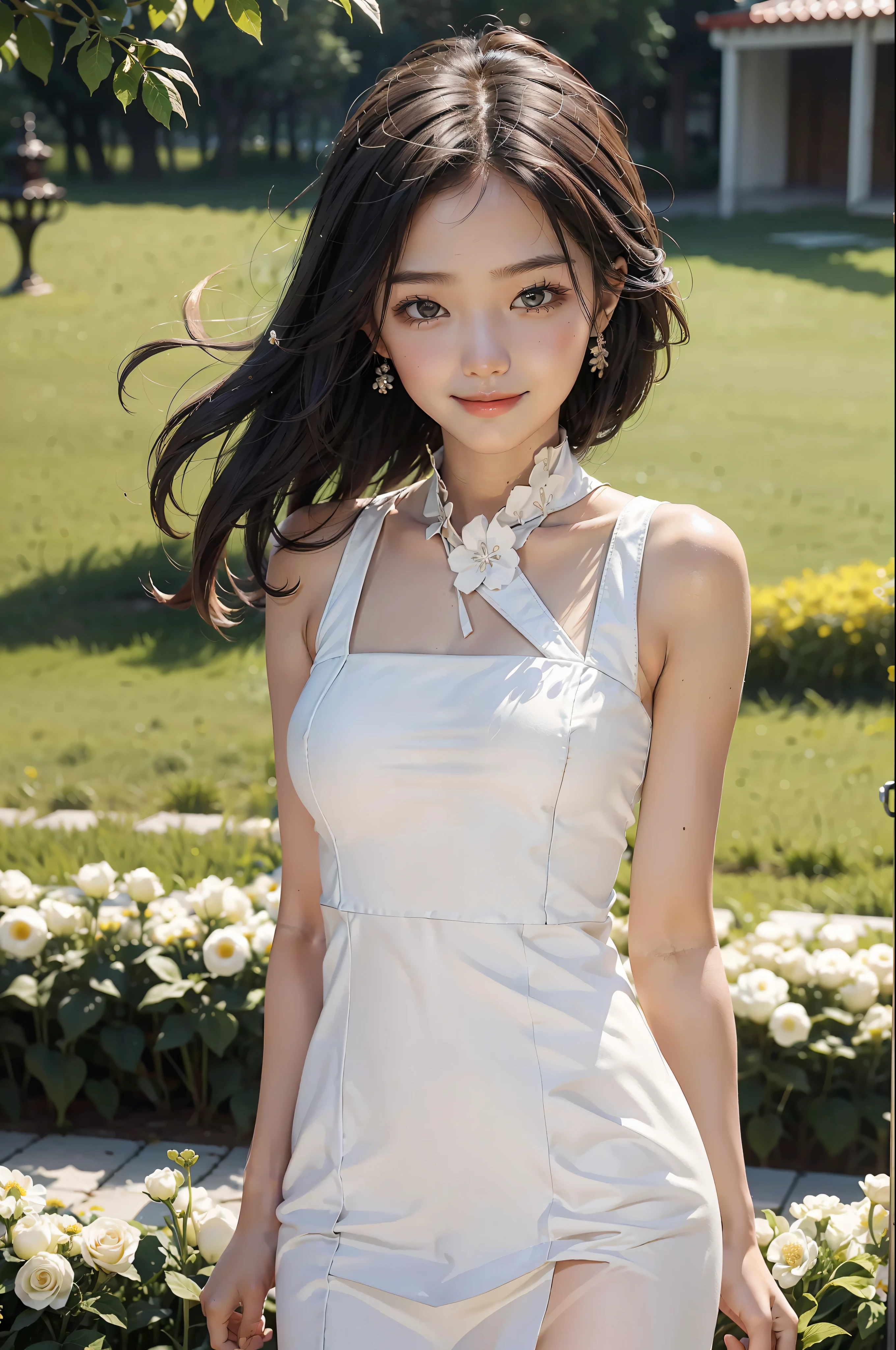 best qualtiy,tmasterpiece,超高分辨率,Truly moving,RAW photogr,1girl,white dresses,cropped shoulders,blooming flower field,Glowing skin,Light smile。