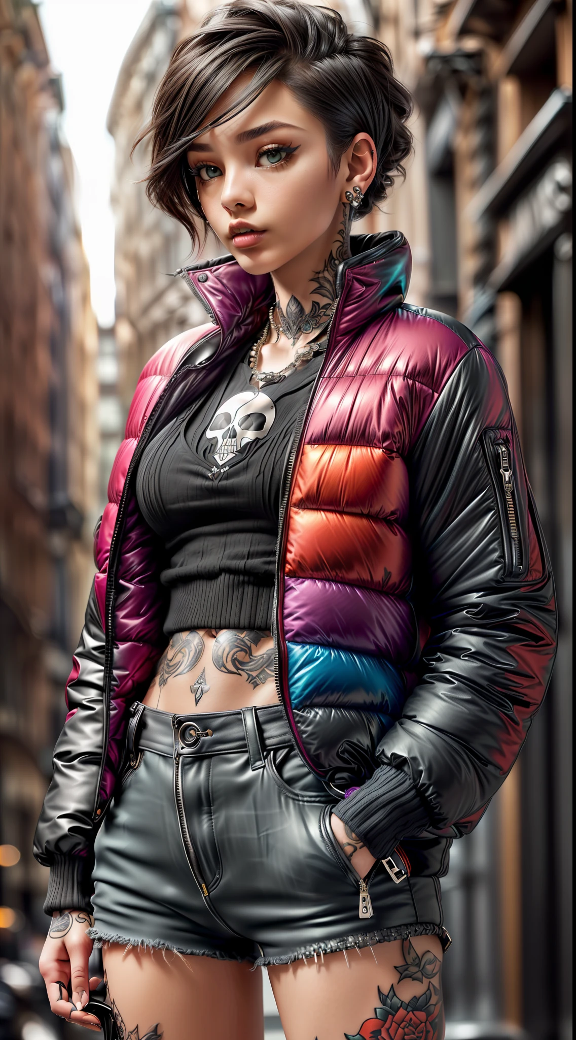realistic,model photo,cinematic,1woman with super puffer balenciaga jacket with short hair,neck tattoos,colorful background black,ultra sharp,tatto Skull,