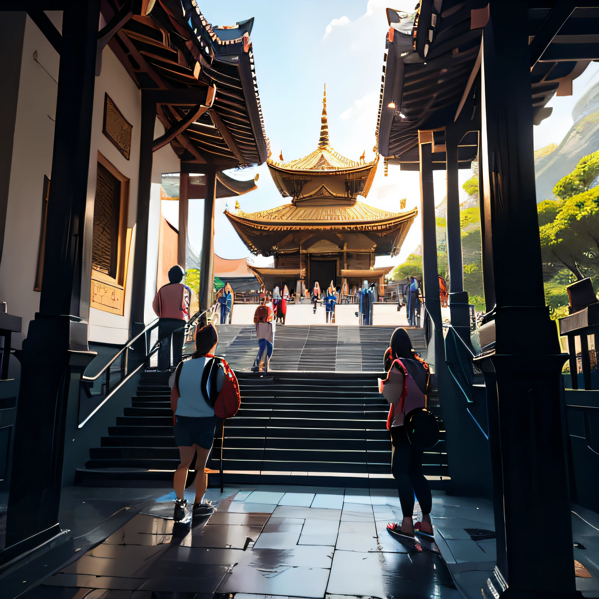 A group of tourists visit the temple