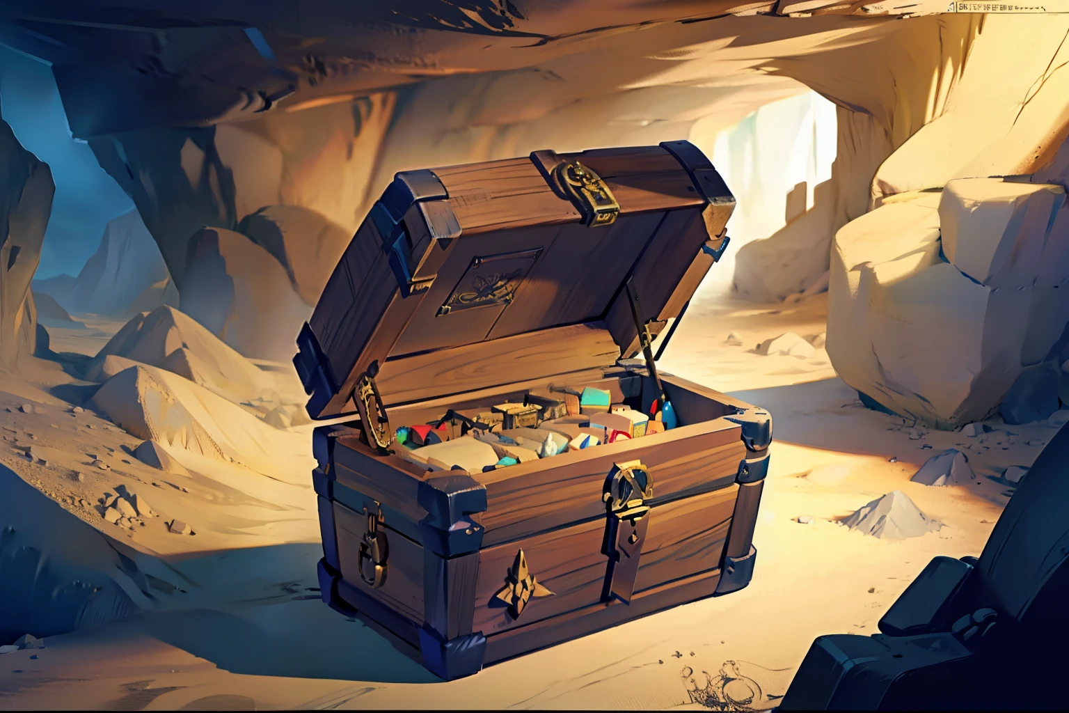 tmasterpiece，A high resolution，Inside the large cave，The treasure chest in front of the robot contains several drawings