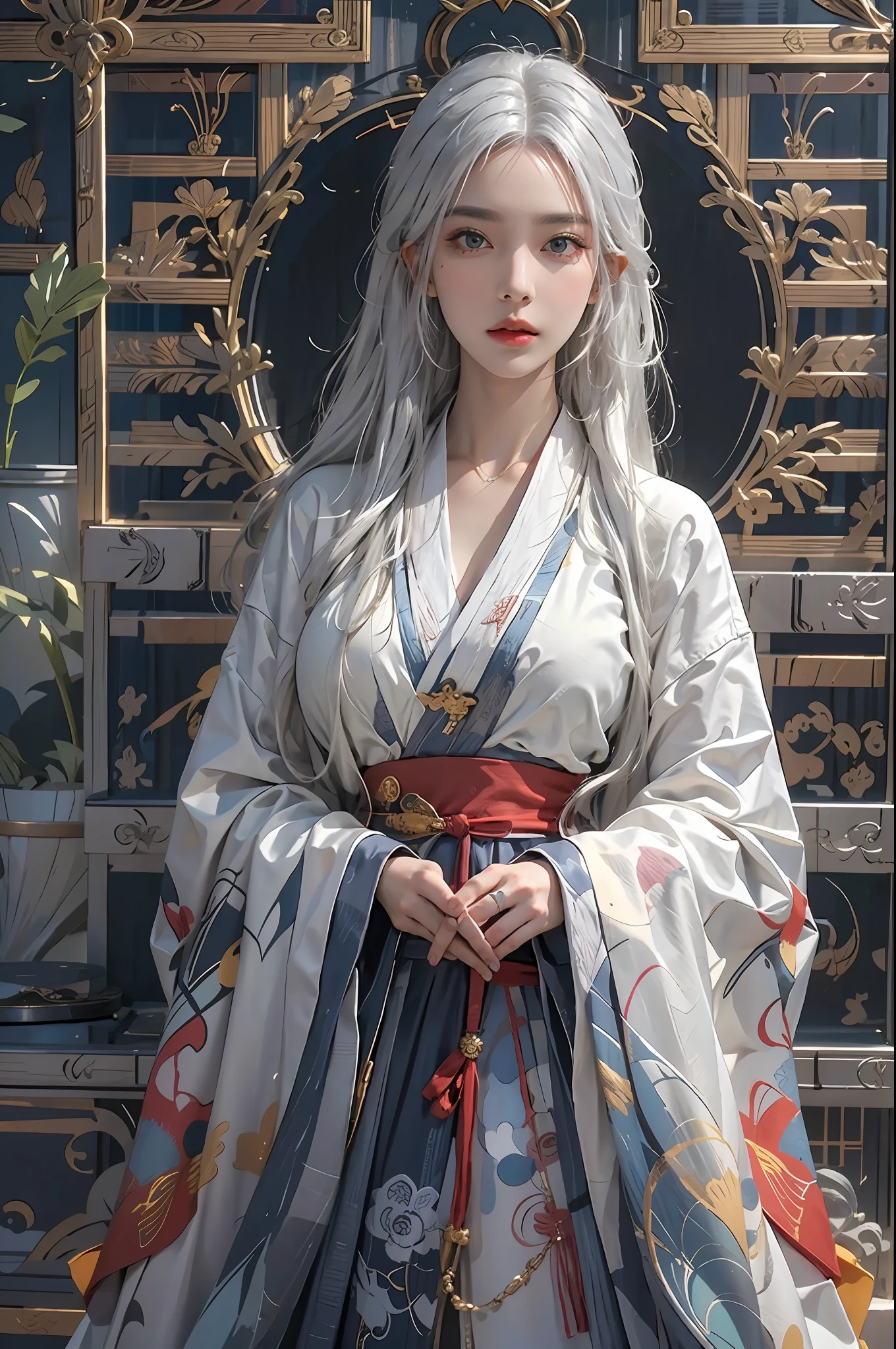 photorealistic, high resolution, 1women, solo, hips up, look at viewer, (detailed face), white hair, long hair, colorful Taoist robe,oversized clothes, jewelry