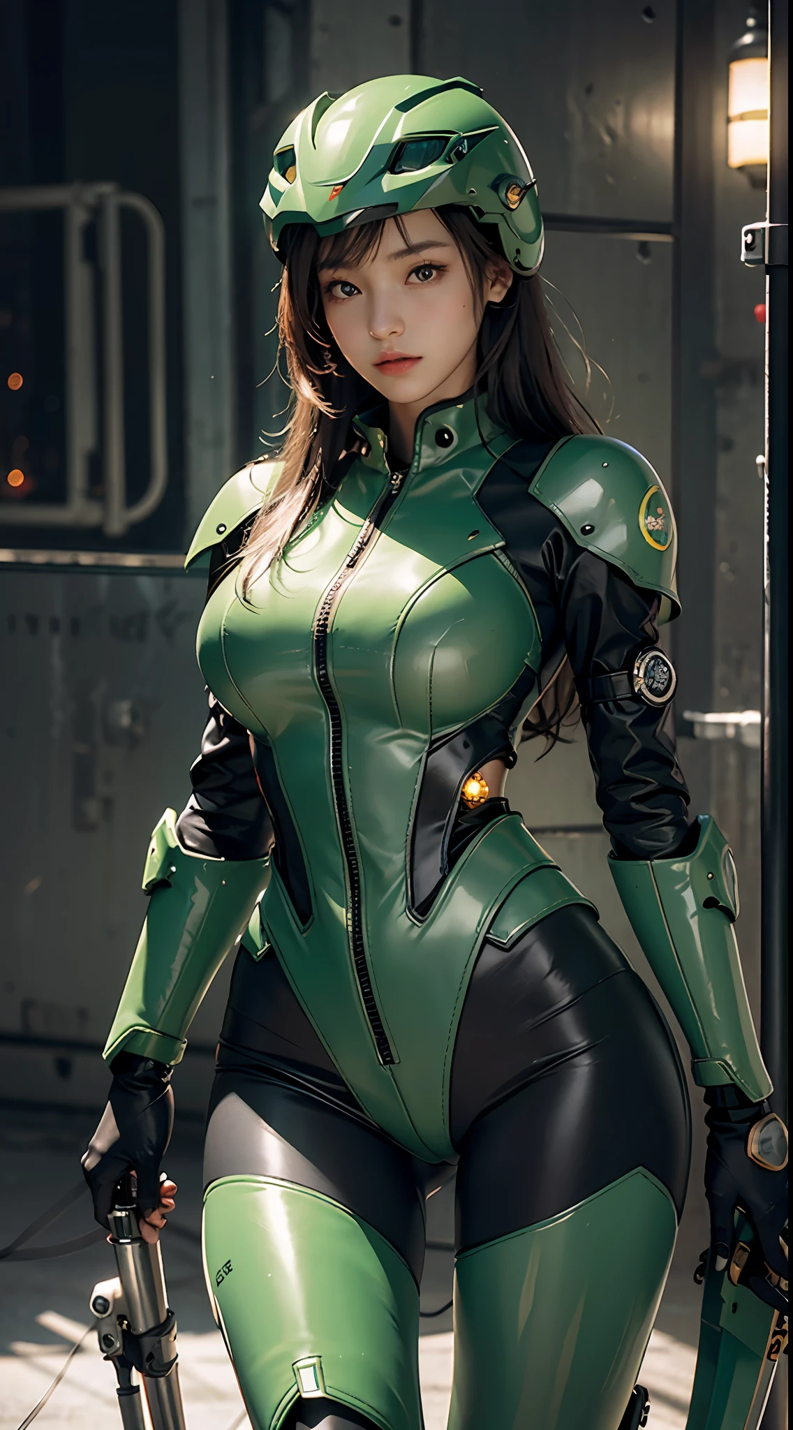 Highest image quality, outstanding details, ultra-high resolution, (realism: 1.4), the best illustration, favor details, highly condensed 1girl, with a delicate and beautiful face, dressed in a black and green mecha, wearing a mecha helmet, holding a directional controller, riding on a motorcycle, the background is a high-tech lighting scene of the future city.