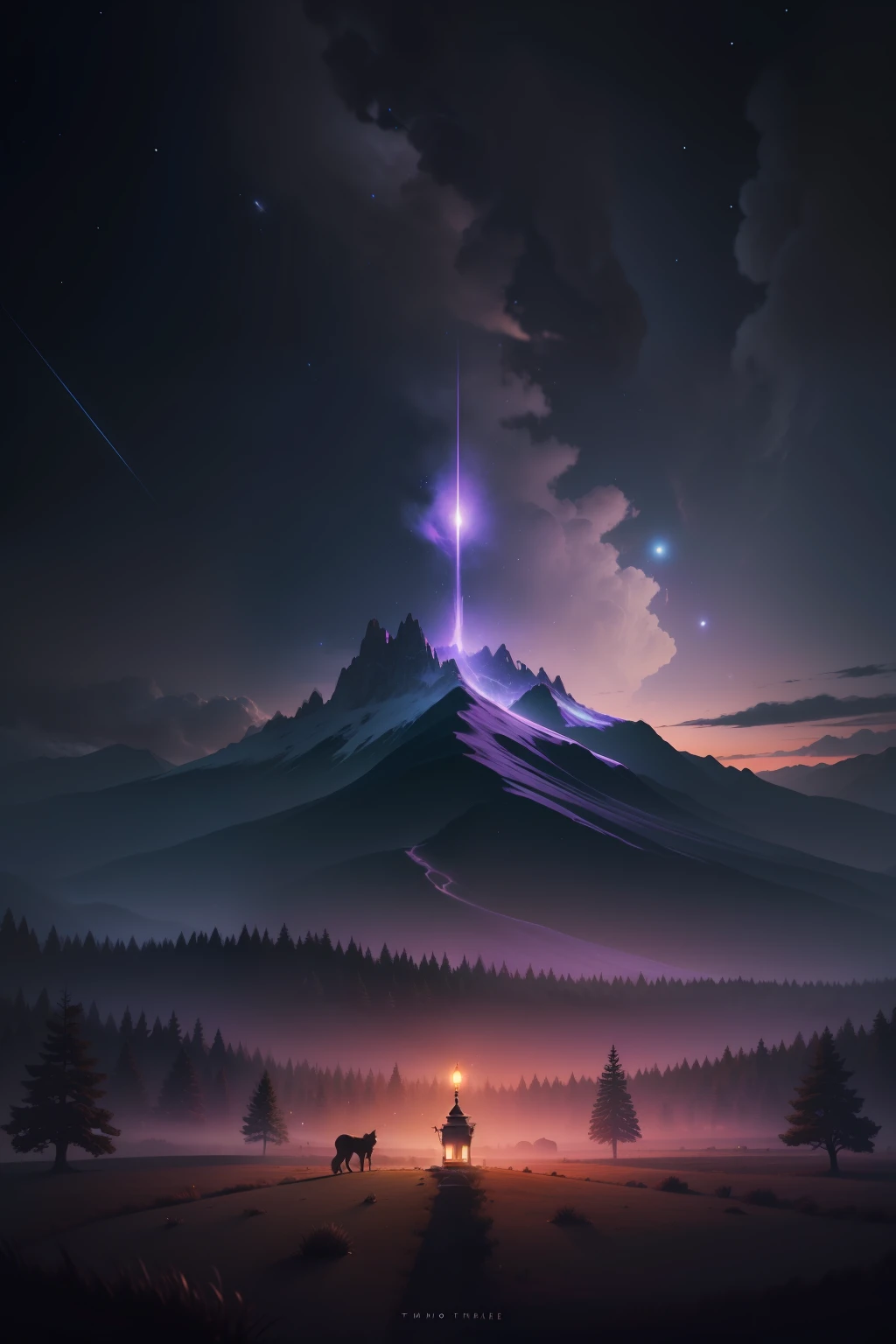 A wide photograph of the landscape,(look from down,The sky is above,Empty fields below),wide angles,A wolf sits on the grass and looks up,(moon full:1.2),(meteors:0.9),(Starcloud:1.3),mountains in the distant,Trees break the craft art,(warm lights:1.2),(glowworm:1.2),lamplight,Lots of purple and orange,Complicated details,Volumetric lighting BREAK(tmasterpiece:1.2), (Best Picture Quality), 4k, ultra-delicate, (dynamic compositions: 1.4), Rich in detail and color, (Irridescent color: 1.2), (with light glowing, Atmospheric lighting), dream magical, Magic, (独奏: 1.2)
