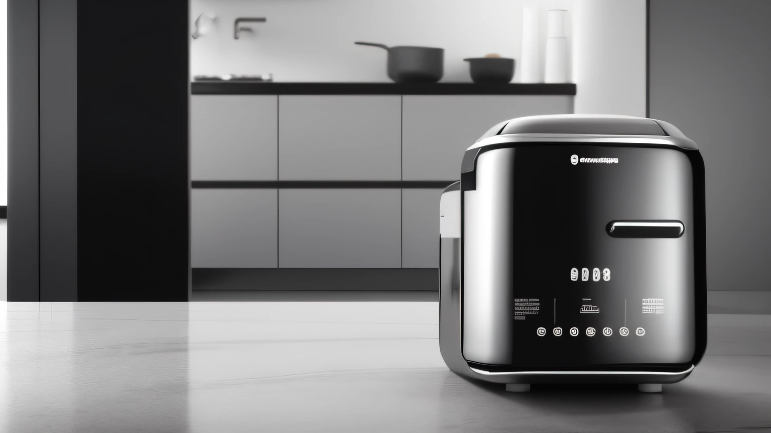 The kitchen counter has a black and silver coffee machine，Black and white countertops，Black and silver countertops,Dalof Ipukar,unreal engine rendered,computer render,hyper photorealism,