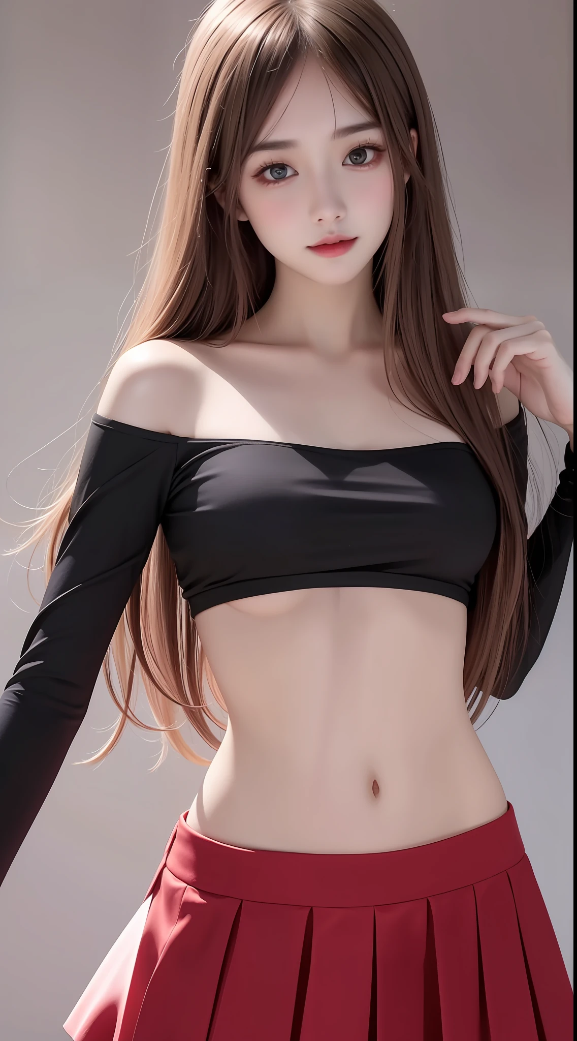 4K ultra, masterpiece, a girl, good face, detailed eyes, spreading hair, ultra long hair, skirt, pink half skirt, sexy skirt, bare stomach, shinning, high lights, realistic background, side body, front body,