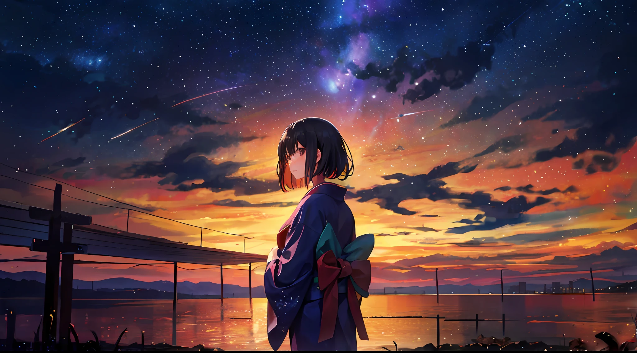1girl, a distant girl in a kimono staring at the stars, (zoomed out: 1.1), (meteor shower: 1.2), (comet: 1.1), your name, low angle, from behind, northern lights, shooting stars, yukata, red kimono, cherry blossoms, Standing in the field, best quality, masterpiece, cloud, colorful, starry, stars,