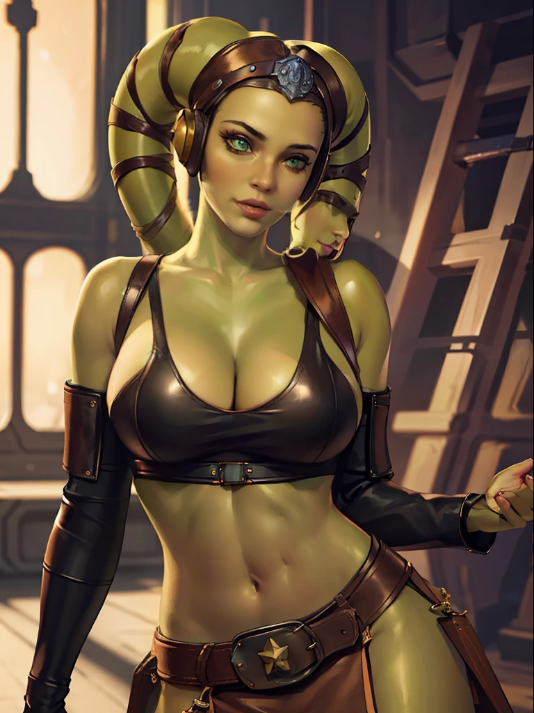 (best quality, masterpiece, highly detailed), 1girl, (green skin), sexy Twi'lek, large breasts, cleavage, Jedi, dark brown leather, pelvic curtain, loincloth, crop top, long sleeves, skirts, dark brown shorts, long boots, brown leather, buckles, straps, Star Wars, lekku stripes