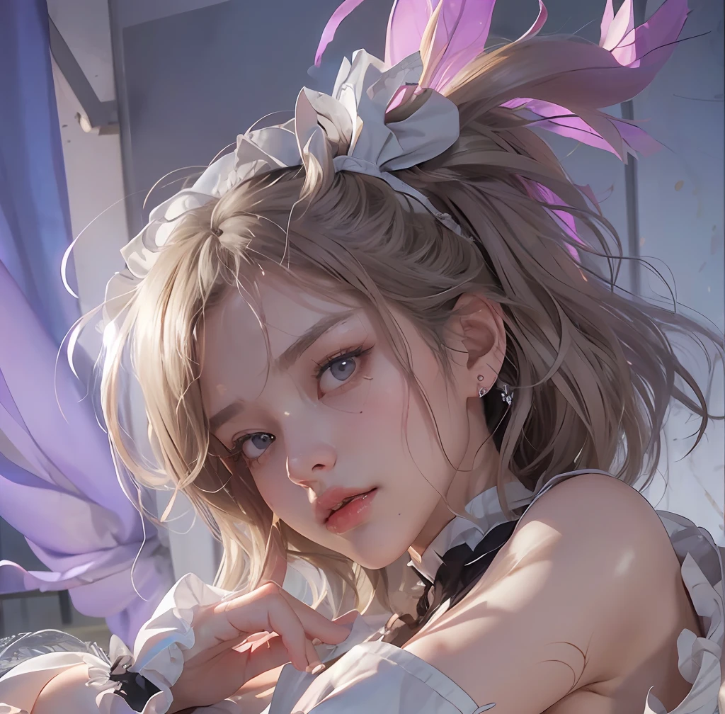 (masutepiece: 1.3), (max resolution: 1.2), (Ultra HDTV: 1.2), cinematric light, 8K resolution, Detailed eyes and skin, detailed facial features, , (Sharp Focus: 1.2）, (Focus on Face:1.2),Perfect Style, Beautiful face, acurate, Anatomically correct, Highly detailed face and skin texture, Detailed eyes, Double eyelids, Thin eyebrows, Glitter Eyeliner: 1 Natural cheeks, Glossy skin, Fair skin: 1.2, (Glossy lips: 1.4),、 (Shy look: 1.2),Highly detailed facial and skin texture, Detailed eyes, Double eyelids, Natural cheeks, , shiny lips: 1.4,Exposed cleavage、（A large amount of sperm in the chest:1.4）（Large amount of sperm in the thighs:1.2）、 red blush、humiliated、impatience、dismay、Frightened、glares、embarrassed from、Open knees、open one's legs、Masturbation behavior、masturbation、stroking the chest、White underwear、White bra、Shiny little earrings and necklaces、、Disheveled clothes、Dressing、Exposed panties、Wearing sweat、Stockings、Sweaty thighs、Sheer underwear、 25 years old, Neat and clean woman 、Wavy Hair、 a blond、Semi-long hair, Big, upturned breasts, Sitting on the floor, Bedroom、(Perfect maid outfit:1.5)、