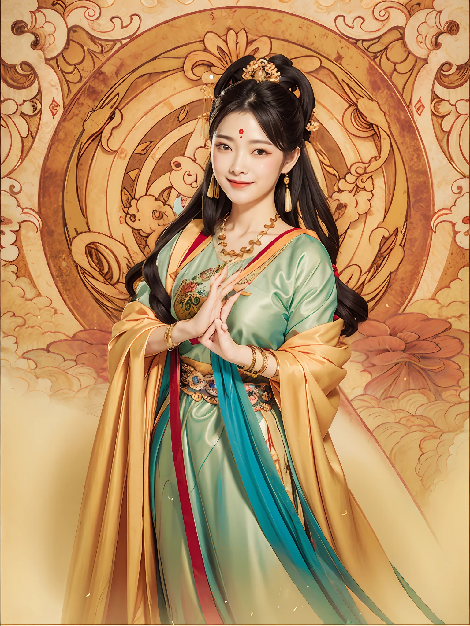 tmasterpiece, Traditional Chinese painting, 1个Giant Breast Girl, long whitr hair, eye closeds,On the back,sideface,ssmile, O spirit, dunhuang_Style, dunhuang_cloths, hyper HD, 4K, Best quality at best, super detailing, Award-Awarded, high qulity,Best quality at best,high detal