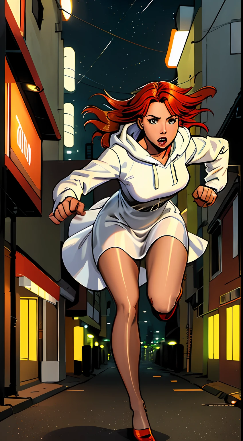 Full body view, feet in view, 2 subjects, 1girl with auburn colored hair, wearing long sleeve white dress with hood, pantyhose, no shoes (running towards camera), (woman looks scared), frightened, running for her life, running away from man wearing armor, getting grabbed by man, down a dirty city alley, futuristic city at (night:1.4), blue and yellow neon signs, chase scene, action scene, thick outlines, comic book style, dynamic camera angle, realistic skin, realistic hands, perfect hands, action lines, motion blur background