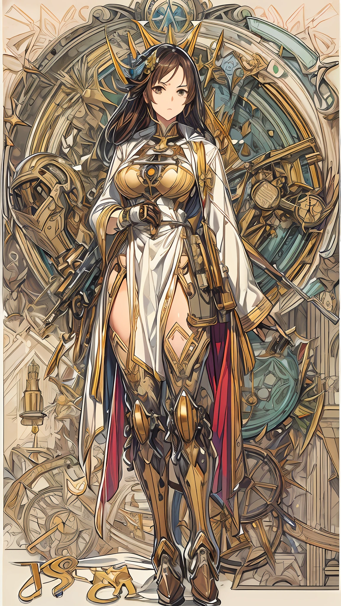 absurderes, A high resolution, Ultra detailed, (1girll:1.3), Break , Design an image featuring beautiful mecha calligraphy, with expressive lettering, elegant flourishes, and a sense of craftsmanship and skill,full bodyesbian,tarot, Armor, Chart,, Mechanical arms, steampunc, Hood, Robe, Technical pastor, (Masterpiece, Best quality, High quality, A high resolution, Ultra-detailed)