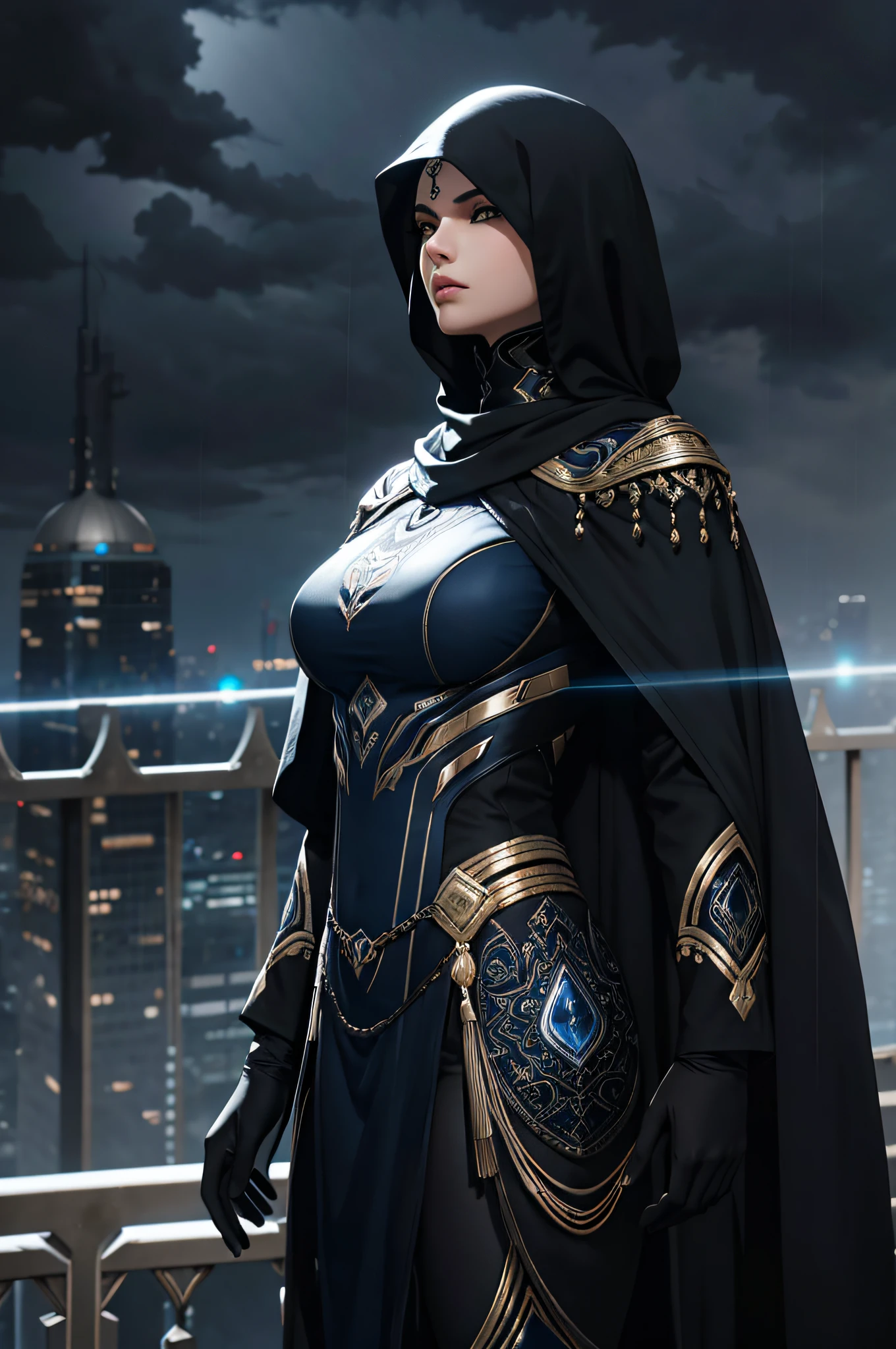 1 arabic man, WARFRAME, intricate pattern, heavy metal, energy lines, faceless, glowing eyes, elegant, intense, blue neon and black uniform, solo, modern, city, streets, dark clouds, thunderstorm, heavy rain, dramatic lighting, arabic word in the forehead, arabic ornament, fog, depth of field
(masterpiece:1.2), best quality, high resolution, beautiful detailed, extremely detailed, perfect lighting,