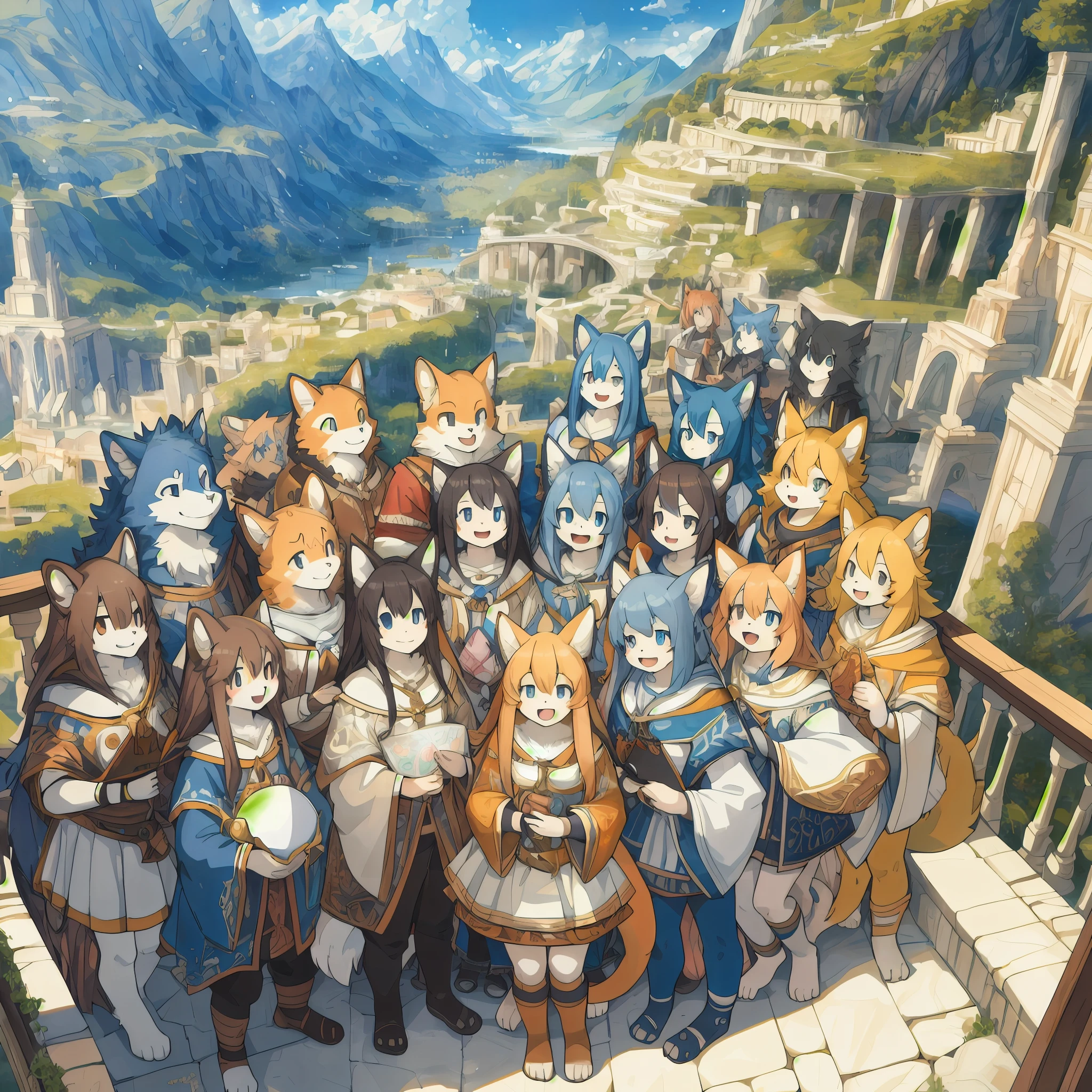 dynamic angle, top quality, best quality, High-quality illustrations, masterpiece, super high resolution, detailed background, detailed background, The mythical world depicted by Kismicche Angelo, group shot:0.1, 6+boys, 6+girls, Happy, joyful, absurdres(highly detailed beautiful face and eyes)perfect anatomy(kemono, furry anthro),