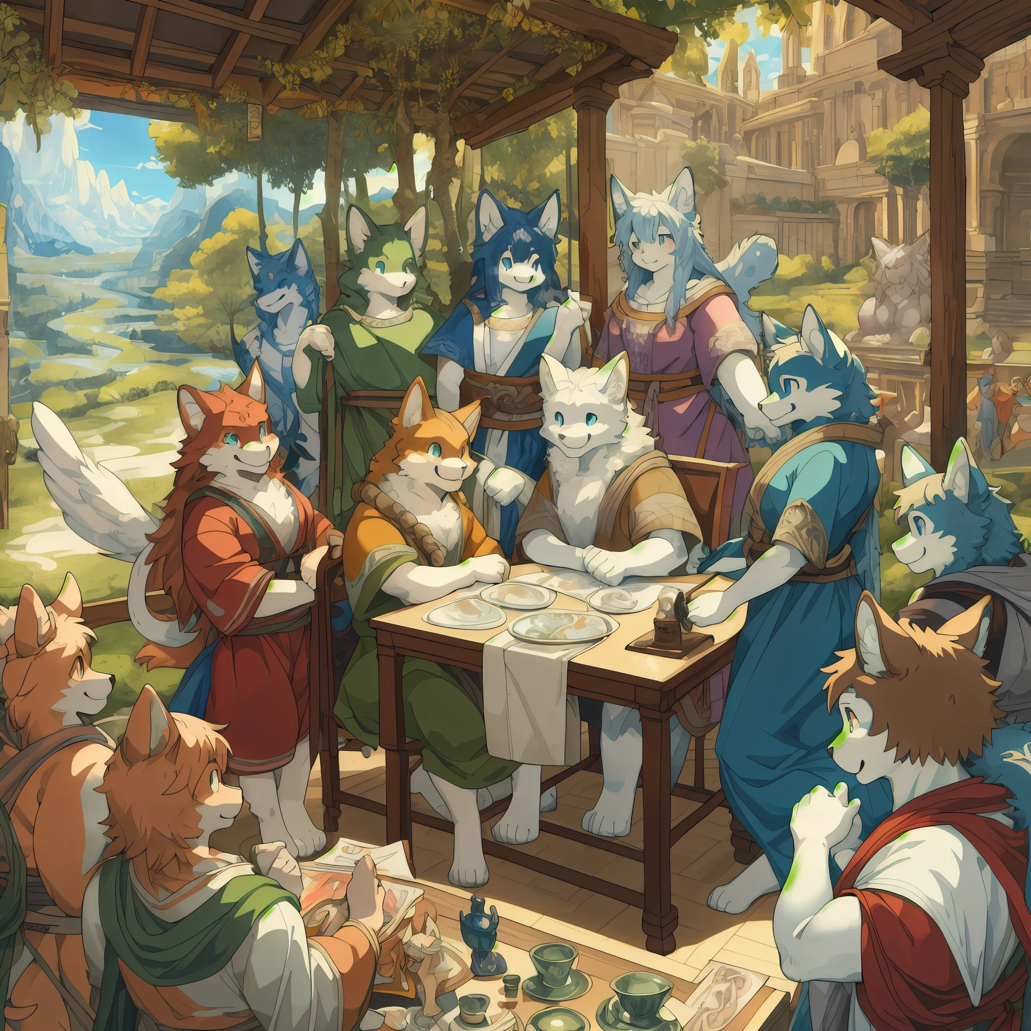 dynamic angle, top quality, best quality, High-quality illustrations, masterpiece, super high resolution, detailed background, detailed background, mythical world depicted by Michelangelo, group shot:0.1, 6+boys, 6+girls, Happy, joyful, absurdres(highly detailed beautiful face and eyes)perfect anatomy(kemono, furry anthro),