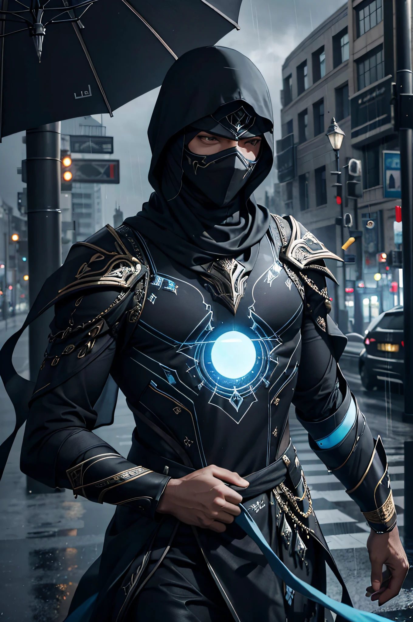 1 arabic man, WARFRAME, intricate pattern, heavy metal, energy lines, faceless, glowing eyes, elegant, intense, blue neon and black uniform, solo, modern, city, streets, dark clouds, thunderstorm, heavy rain, dramatic lighting, arabic word in the forehead, arabic ornament, fog, depth of field
(masterpiece:1.2), best quality, high resolution, beautiful detailed, extremely detailed, perfect lighting,
