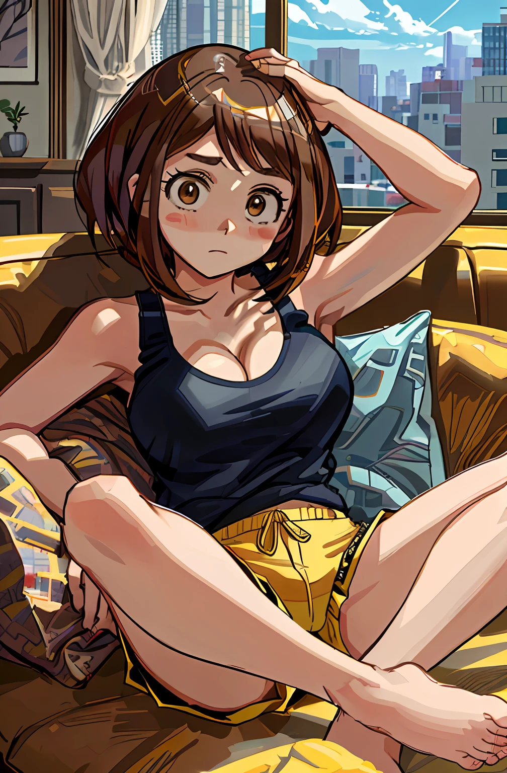 [ochako uraraka; Boku no hero academia], ((masterpiece)), ((solo portrait)), ((cute)), ((High definition)), ((anime)), ((Kohei Horikoshi)), ((detailed shading)), ((intricate details)), [ochako; (blushy cheeks, big round brown eyes, short brown hair, short eyelashes, large boobs, (cleavage), {(black tank top), (yellow lounge shorts)}, {(expressionless)}], {(on couch), (legs spread open), (arm above head)}, [Background; (living room), (window), sunny, (blue sky)]