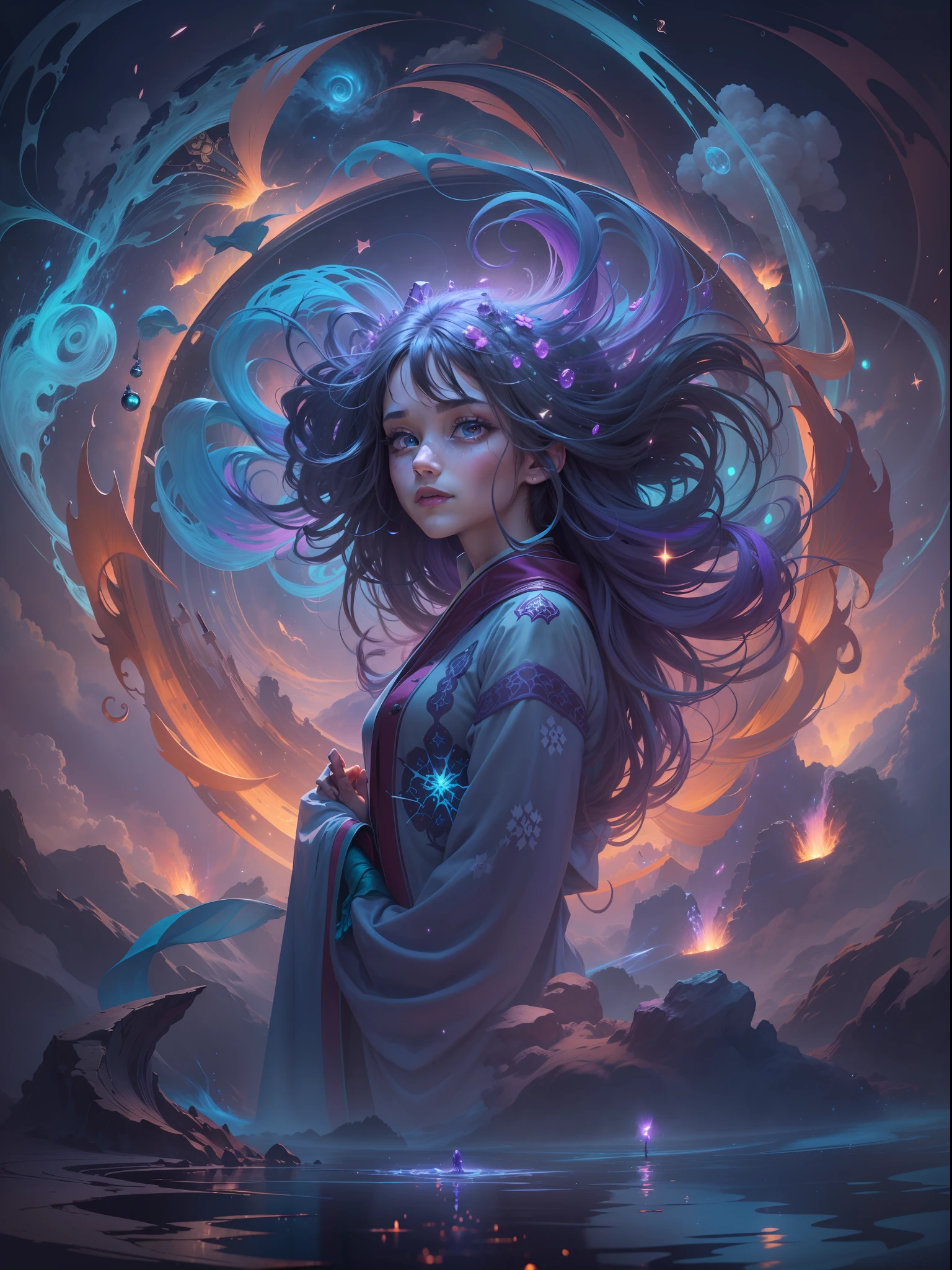 Picture quality：A masterpiece of high detail,8K,High-resolution body content：1girll,15year old,full bodyesbian, Side Body，An evil smile on his face，Broad perspectives，wears a long robe，Glowing hair，Ink color fills the face like fireworks，The Ghost-colored Demon Wheel unfolded behind it，Behind him is the mysterious oversized purple chakra blue light，Countless glowing quicksand swirled around this figure，Mysterious top light，The feeling of being high，Background with：A dazzling paradise，enviroment：fanciful，Full of mystery，Bask in the breath of chaos，Hopeful，Divine piety，mystical ambiance：Mysterious and unknowable sense of light，Intense violet light，Magic beam，The fantasy of the future world is intertwined with reality，Color：Infused with ethereal hues and luminous turquoise hues，High purity color， composition：full bodyesbian，tilted angle，Wide angle style reference:Virtual Engine，The magical texture of the ghost spark，Chaotic real world