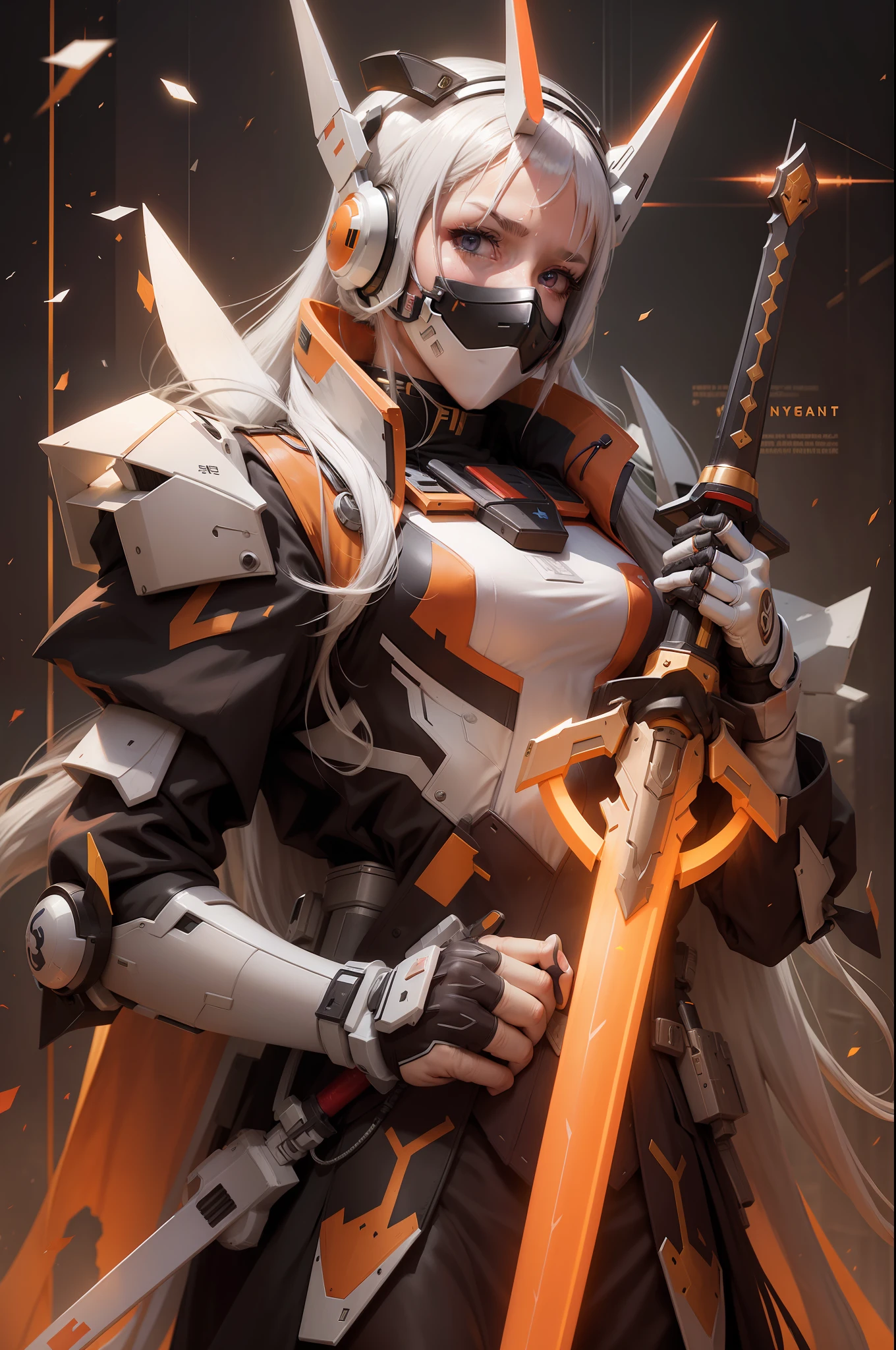 Girl, realistic, sword, long hair, white hair, gundam, headphone, slim, neon, mout gundam masker