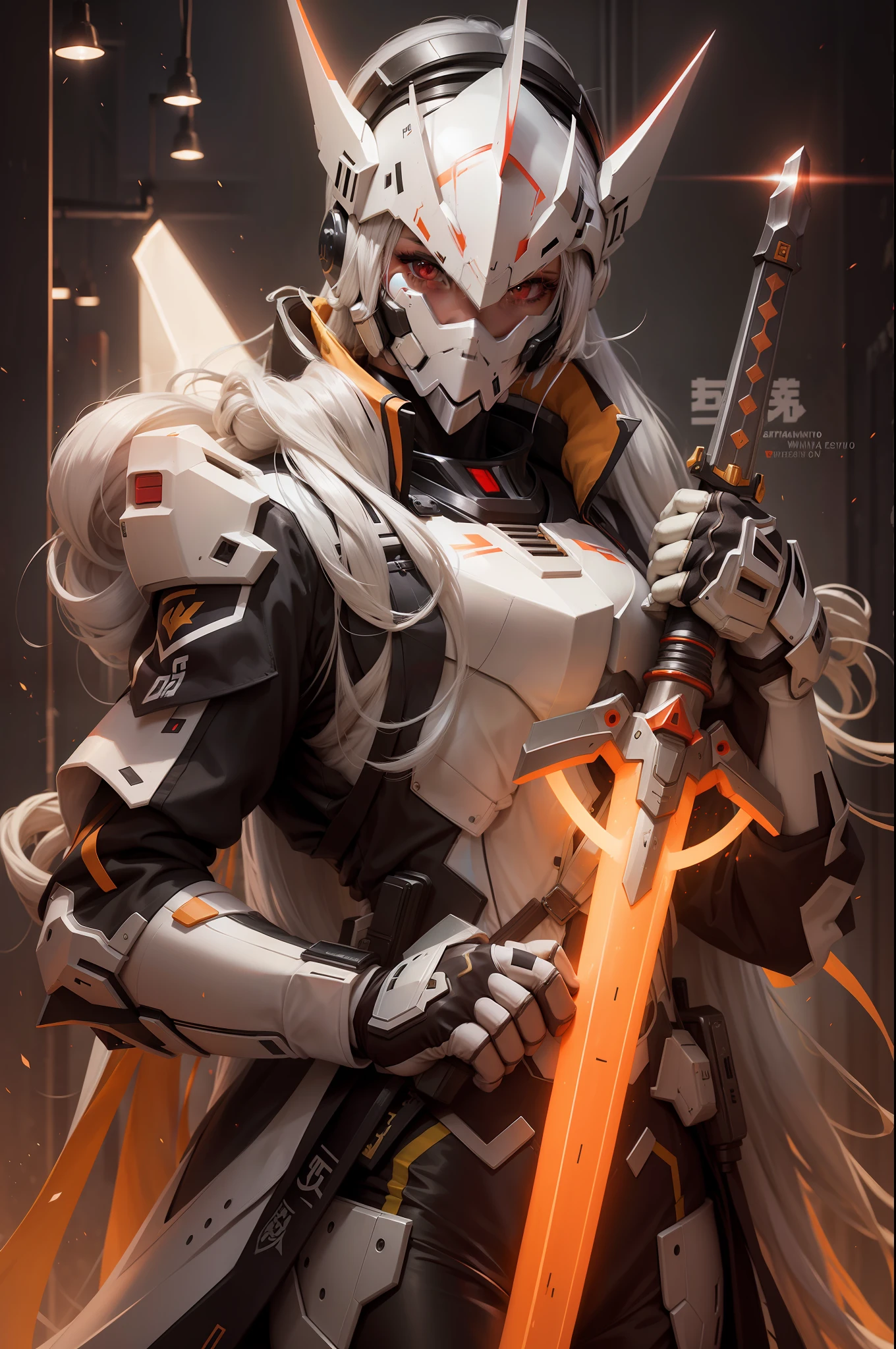 Girl, realistic, sword, long hair, white hair, gundam, headphone, slim, neon, mout gundam masker