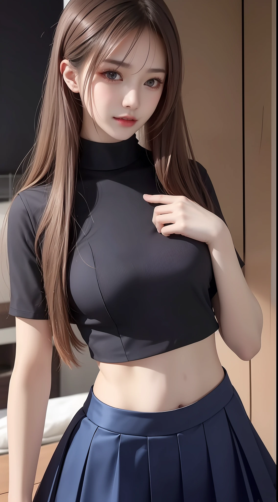 4K ultra, masterpiece, a girl, good face, detailed eyes, spreading hair, ultra long hair, skirt, blue half skirt, sexy skirt, bare stomach, shinning, high lights, realistic background, side body, front body,