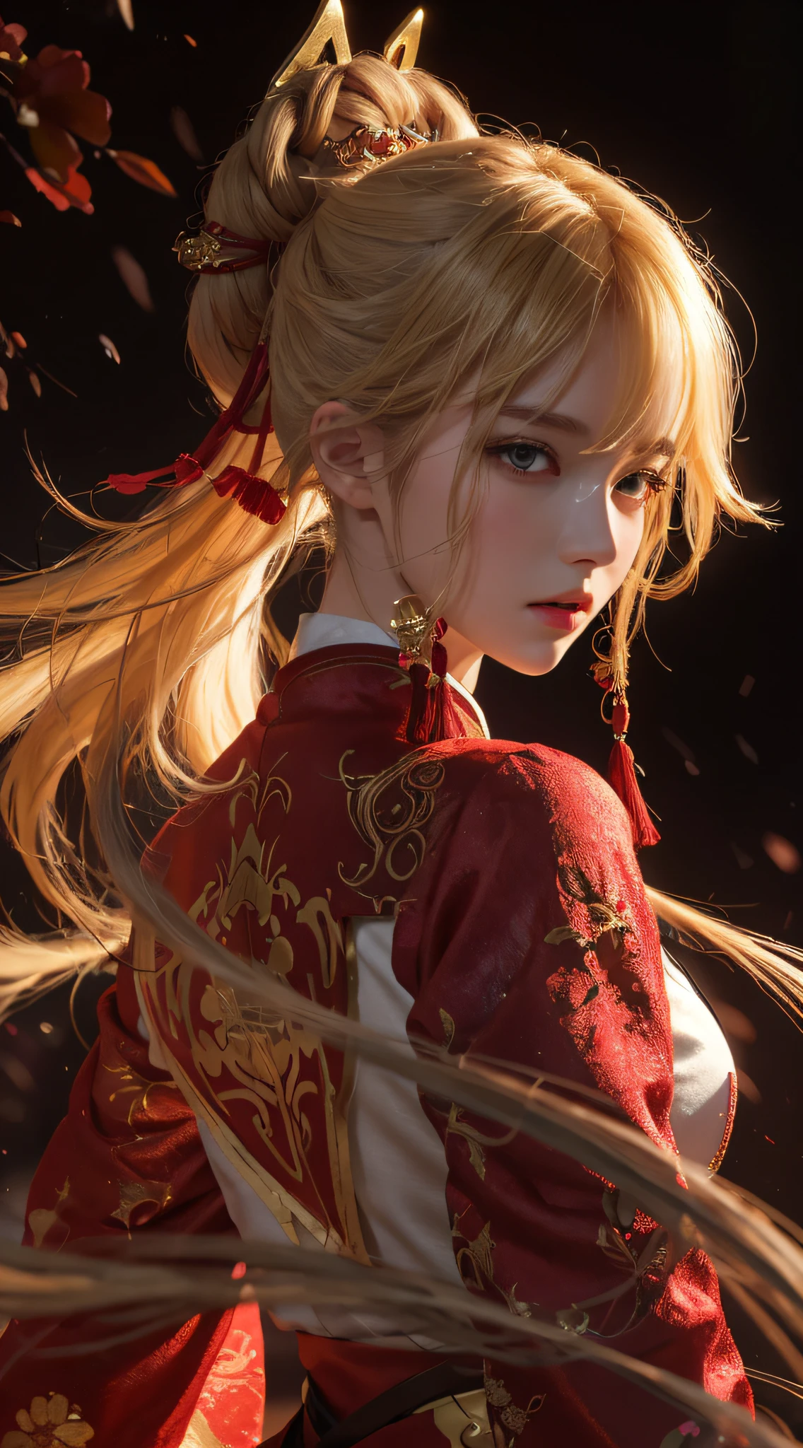 Anime girl with long blonde hair and red dress, by Yang J, Detailed digital anime art, Palace , A girl in Hanfu, Fanart Meilleure ArtStation, Beautiful digital artwork, Guviz-style artwork, style of anime4 K, Guviz, 2. 5 D CGI anime fantasy artwork, Digital anime art, Beautiful character painting