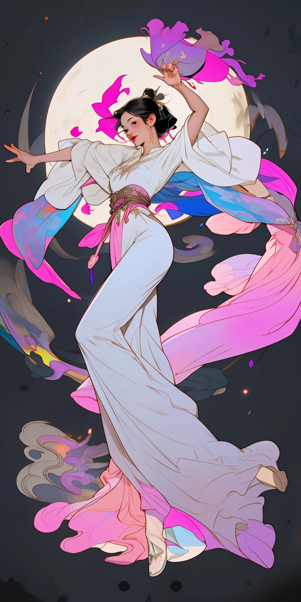 tarot cards,one-girl(full bodyesbian),Gorgeous dress,dances,Flowers,themoon,Solid color base,Pastel colors, graceful movements, Lots of details,delicated,tmasterpiece,32K,Extremely detailed,(Fractal art:1.1),(Colorful:1.1),(skulls:1.3),highest details,(zentangle:1.2), (Dynamic pose), (abstract backgrounds:1.3)