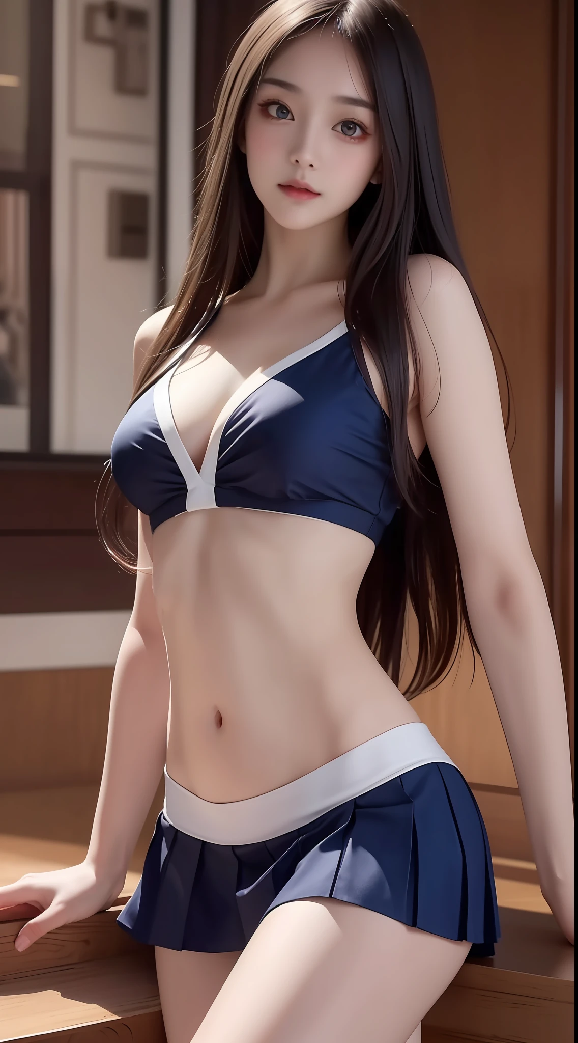 4K ultra, masterpiece, a girl, good face, detailed eyes, spreading hair, ultra long hair, skirt, dark blue half skirt, sexy skirt, bare stomach, shinning, high lights, realistic background, side body, front body,