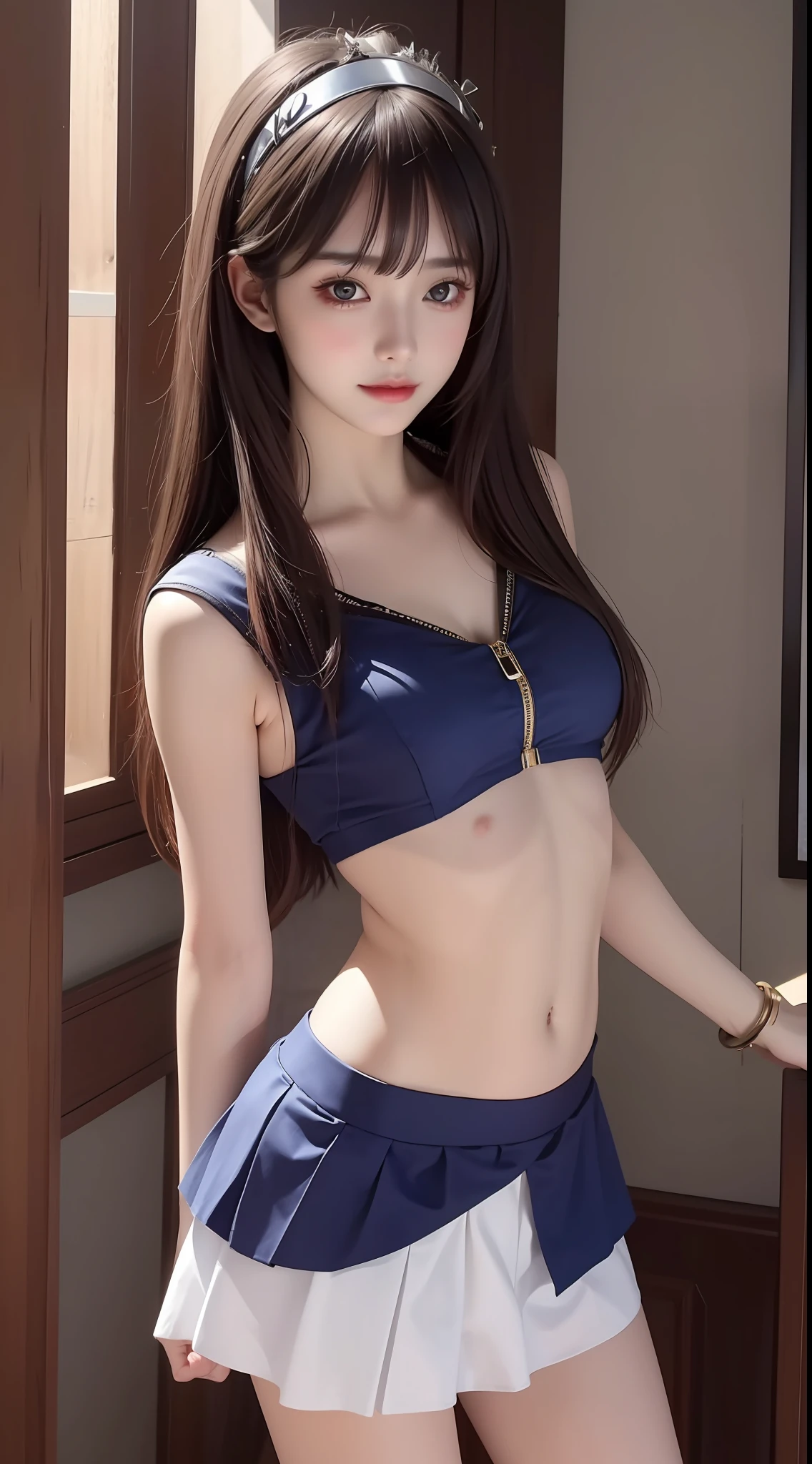 4K ultra, masterpiece, a girl, good face, detailed eyes, spreading hair, ultra long hair, skirt, dark blue half skirt, y skirt, bare stomach, shinning, high lights, realistic background, side body, front body,