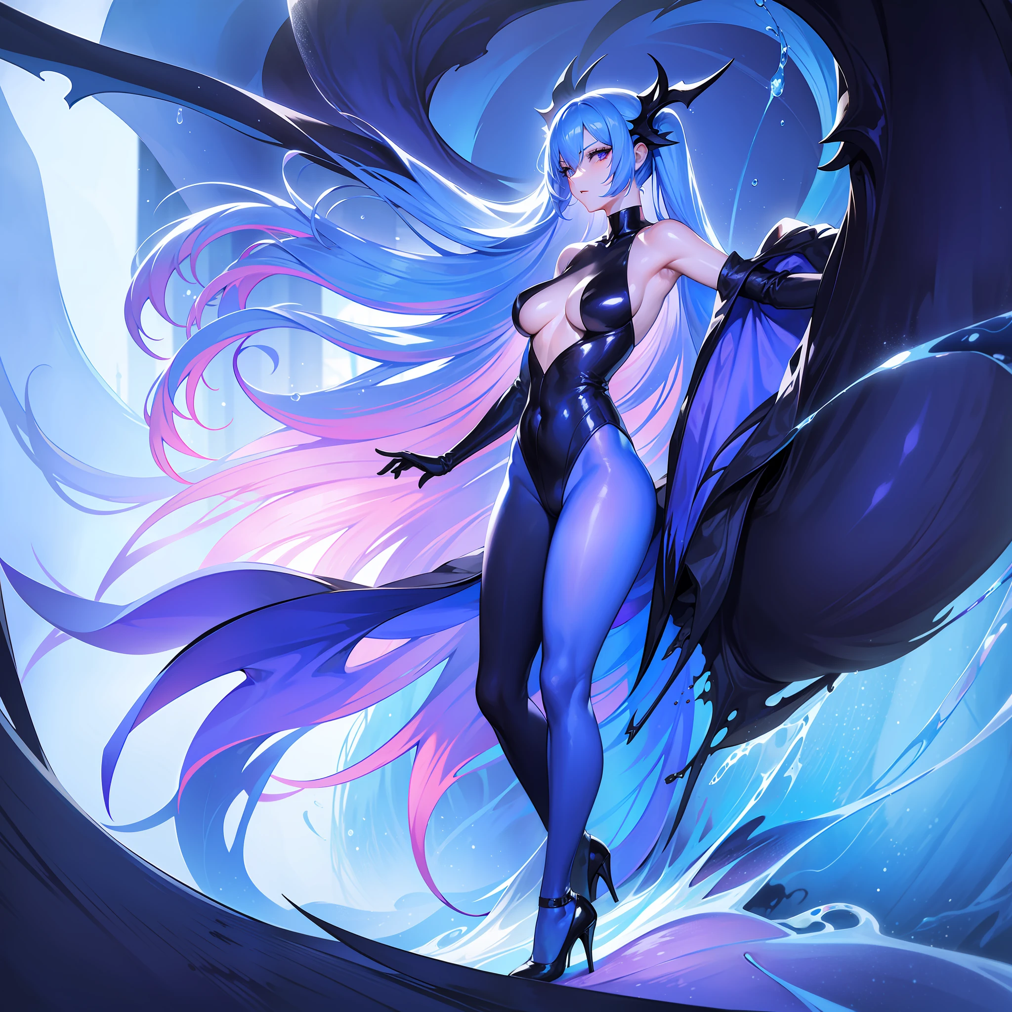 The whole body is covered with blue liquid,exposing her chest,Blue liquid,Beautuful Women,high-heels,blacksilk,Purple eye,are standing,Raised sexy,Cocked buttocks,Long-legged beauty,Thin leg,Mucus gets into the butt