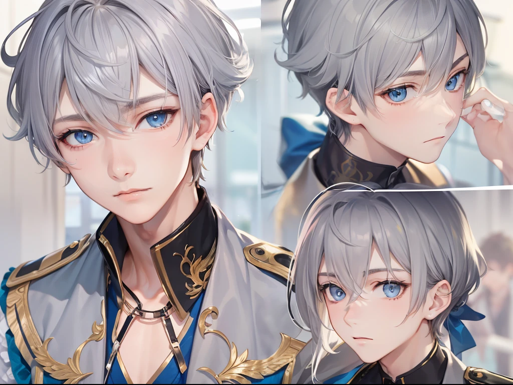 Best quality, tmasterpiece, An 18-year-old boy, In the banquet hall, Short gray hair, blue color eyes, The expression is firm, Solo appearance