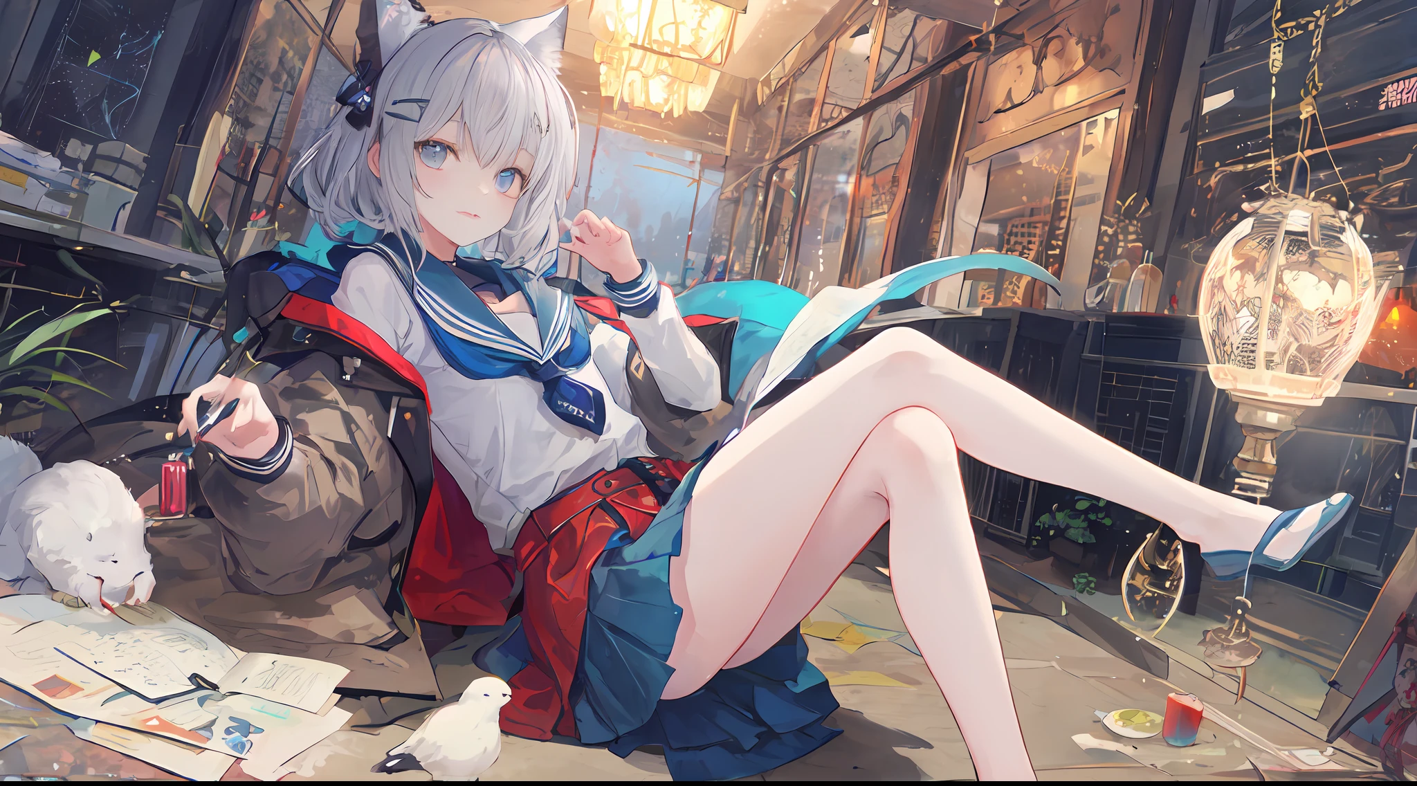 Ark of tomorrow style,Ark of Tomorrow City,Heterochromic pupils,solo person,Ark of Tomorrow,one-girl,off-shoulder sweater, backless outfit,Starry sky,clusters of stars,Ray tracing,{Best quality}, {{Masterpiece}}, {A high resolution}, Original, Extremely detailed 8k wallpaper, {An extremely delicate and beautiful},,incredibly_absurderes,Colorful,intricately details,art book,,incredibly_absurderes,Ray tracing,Perspective,Wide shot,Overall view,,A high resolution,Game CG,short_Hair,cat_hor ears,White_Hair/White_Eyes,Detail fingers,Hands in hair,pigeon-toed,Pout,Blush,Eyes visible through hair,off-shoulder sweater,White_wind coat,Superskirt,White pantyhose,White cat ears,(((long white hair))),White tail,reaching out her hands,W cut sitting position,(((a black trench coat))),(((Blue sailor collar))),Blue pupil,White hairpin,Post-industrial buildings,4K,Master picture quality,Texture,Ark of tomorrow style,On the ground lay the West Sword,eventide,Blood-red sunlight,Black backpack,((((Short blue skirt)))),((((White tights)))),black sneaker shoes,full bodyesbian,long and flowing hair,Smiling,Squint,The ultimate in facial depiction,The ultimate body depiction,The ultimate hair depiction ,There are lanterns on the ground,is shy,in a panoramic view,The ultimate scenario description,Pout,Beautiful_face,Beautiful detailed eyes,One eye is white,One eye closed ,Earphone,Beautiful detailed sky,reflective light,Ray tracing,Sunlight,(Maid dress),Sailor dress,Sleeves,beautiful detailed water,Beautiful detailed sky,god light,depth of fields,Normal body,Normal posture,Front view,Absolutely good light and shadow,Detailed sky,baiyun,the sunset,(((城市,starlights,rios,darkly))).{Best quality}, {{Masterpiece}}, {A high resolution}, Original, Extremely detailed 8k wallpaper, {An extremely delicate and beautiful},,Ray ,{Best quality}, {{Masterpiece}}, {A high resolution}, Original, Extremely detailed 8k wallpaper, {An extremely delicate and beautiful},,incredibly_absurderes,Colorful,intricat