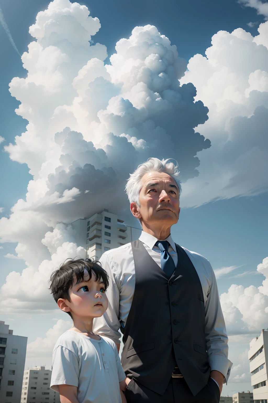 RAW photos,blue-sky,cumulonimbus clouds,Residential building heads,Gray-haired grandfather,Black-haired little grandson,The two sat together,Look at the clouds