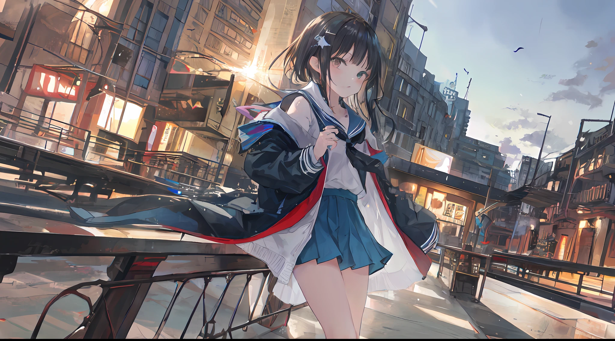 Ark of tomorrow style，Ark of Tomorrow City，Heterochromic pupils，solo person，Ark of Tomorrow，one-girl，off-shoulder sweater, backless outfit,Starry sky,clusters of stars,Ray tracing,{Best quality}, {{Masterpiece}}, {A high resolution}, Original, Extremely detailed 8k wallpaper, {An extremely delicate and beautiful},,incredibly_absurderes,Colorful,intricately details,art book,,incredibly_absurderes,Ray tracing,Perspective,Wide shot,Overall view,,A high resolution,Game CG,short_Hair,cat_hor ears,White_Hair/White_Eyes,Detail fingers,Hands in hair,pigeon-toed,Pout,Blush,Eyes visible through hair,off-shoulder sweater,White_wind coat,Superskirt,White pantyhose,White cat ears，（((long  white hair)))，White tail，reaching out her hands，W cut sitting position，(((a black trench coat)))，(((Blue sailor collar)))，Blue pupil，White hairpin，Post-industrial buildings，4K，Master picture quality，Texture，Ark of tomorrow style，On the ground lay the West Sword，eventide，Blood-red sunlight，Black backpack，((((Short blue skirt))))，((((White tights))))，black sneaker shoes，full bodyesbian，long and flowing hair，Smiling，Squint，The ultimate in facial depiction，The ultimate body depiction，The ultimate hair depiction ，There are lanterns on the ground，is shy，in a panoramic view，The ultimate scenario description，Pout,Beautiful_face,Beautiful detailed eyes,One eye is white，One eye closed ,Earphone,Beautiful detailed sky,reflective light,Ray tracing，Sunlight,(Maid dress),Sailor dress,Sleeves,beautiful detailed  water,Beautiful detailed sky,god light,depth of fields,Normal body，Normal posture，Front view，Absolutely good light and shadow，Detailed sky，baiyun，the sunset，(((城市，starlights，rios，darkly))).{Best quality}, {{Masterpiece}}, {A high resolution}, Original, Extremely detailed 8k wallpaper,  {An extremely delicate and beautiful},,Ray ,{Best quality}, {{Masterpiece}}, {A high resolution}, Original, Extremely detailed 8k wallpaper, {An extremely delicate and beautiful},,incredibly_absurderes,Colorful,intricat