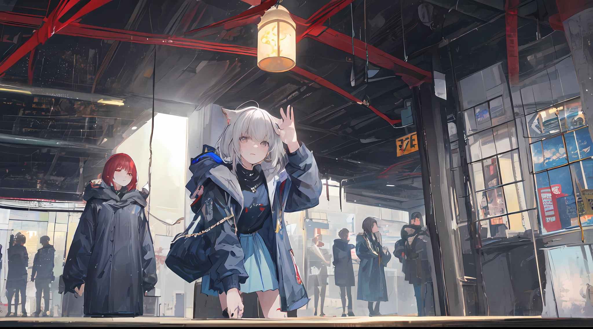 Heterochromic pupils,solo person,Ark of Tomorrow,one-girl,off-shoulder sweater, backless outfit,Starry sky,clusters of stars,Ray tracing,{Best quality}, {{Masterpiece}}, {A high resolution}, Original, Extremely detailed 8k wallpaper, {An extremely delicate and beautiful},,incredibly_absurderes,Colorful,intricately details,art book,,incredibly_absurderes,Ray tracing,Perspective,Wide shot,Overall view,,A high resolution,Game CG,short_Hair,cat_hor ears,White_Hair/White_Eyes,Detail fingers,Hands in hair,pigeon-toed,Pout,Blush,Eyes visible through hair,off-shoulder sweater,White_wind coat,Superskirt,White pantyhose,White cat ears,(((long white hair))),White tail,reaching out her hands,W cut sitting position,(((a black trench coat))),(((Blue sailor collar))),Blue pupil,White hairpin,Post-industrial buildings,4K,Master picture quality,Texture,Ark of tomorrow style,On the ground lay the West Sword,eventide,Blood-red sunlight,Black backpack,((((Short blue skirt)))),((((White tights)))),black sneaker shoes,full bodyesbian,long and flowing hair,Smiling,Squint,The ultimate in facial depiction,The ultimate body depiction,The ultimate hair depiction ,There are lanterns on the ground,is shy,in a panoramic view,The ultimate scenario description,Pout,Beautiful_face,Beautiful detailed eyes,One eye is white,One eye closed ,Earphone,Beautiful detailed sky,reflective light,Ray tracing,Sunlight,(Maid dress),Sailor dress,Sleeves,beautiful detailed water,Beautiful detailed sky,god light,depth of fields,Normal body,Normal posture,Front view,Absolutely good light and shadow,Detailed sky,baiyun,the sunset,(((城市,starlights,rios,darkly))).{Best quality}, {{Masterpiece}}, {A high resolution}, Original, Extremely detailed 8k wallpaper, {An extremely delicate and beautiful},,Ray ,{Best quality}, {{Masterpiece}}, {A high resolution}, Original, Extremely detailed 8k wallpaper, {An extremely delicate and beautiful},,incredibly_absurderes,Colorful,intricately details,art book,,Overall view,,Depth o