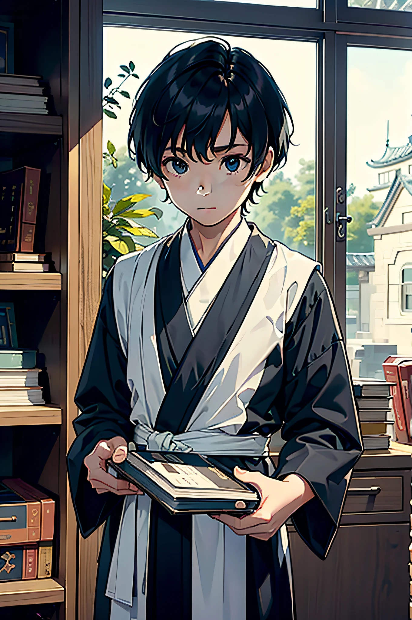 A ten-year-old boy with short black hair wearing a Taoist robe holds a medical book