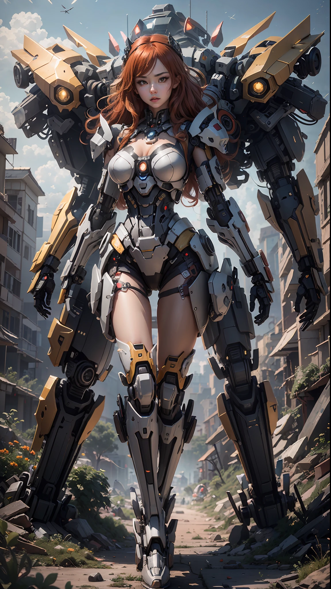((Best Quality)), ((Masterpiece)), (Very Detailed: 1.3), 3D, Shitu-mecha, Beautiful cyberpunk woman wearing crown with her red and blue mecha in ruins of a forgotten war city, long red hair, sci-fi technology, HDR (High Dynamic Range), ray tracing, nvidia RTX, super resolution, unreal 5, subsurface scattering, PBR texture, post-processing, anisotropic filtering, depth of field, maximum sharpness and sharpness, multi-layer texture, specular and albedo mapping, surface shading, precise simulation of light-material interactions, perfect proportions, octane rendering, duotone lighting, low ISO, white balance, rule of thirds, wide aperture, 8K RAW, high efficiency subpixels, subpixel convolution, light particles, light scattering, Tyndall effect, very sexy, full body, battle pose,