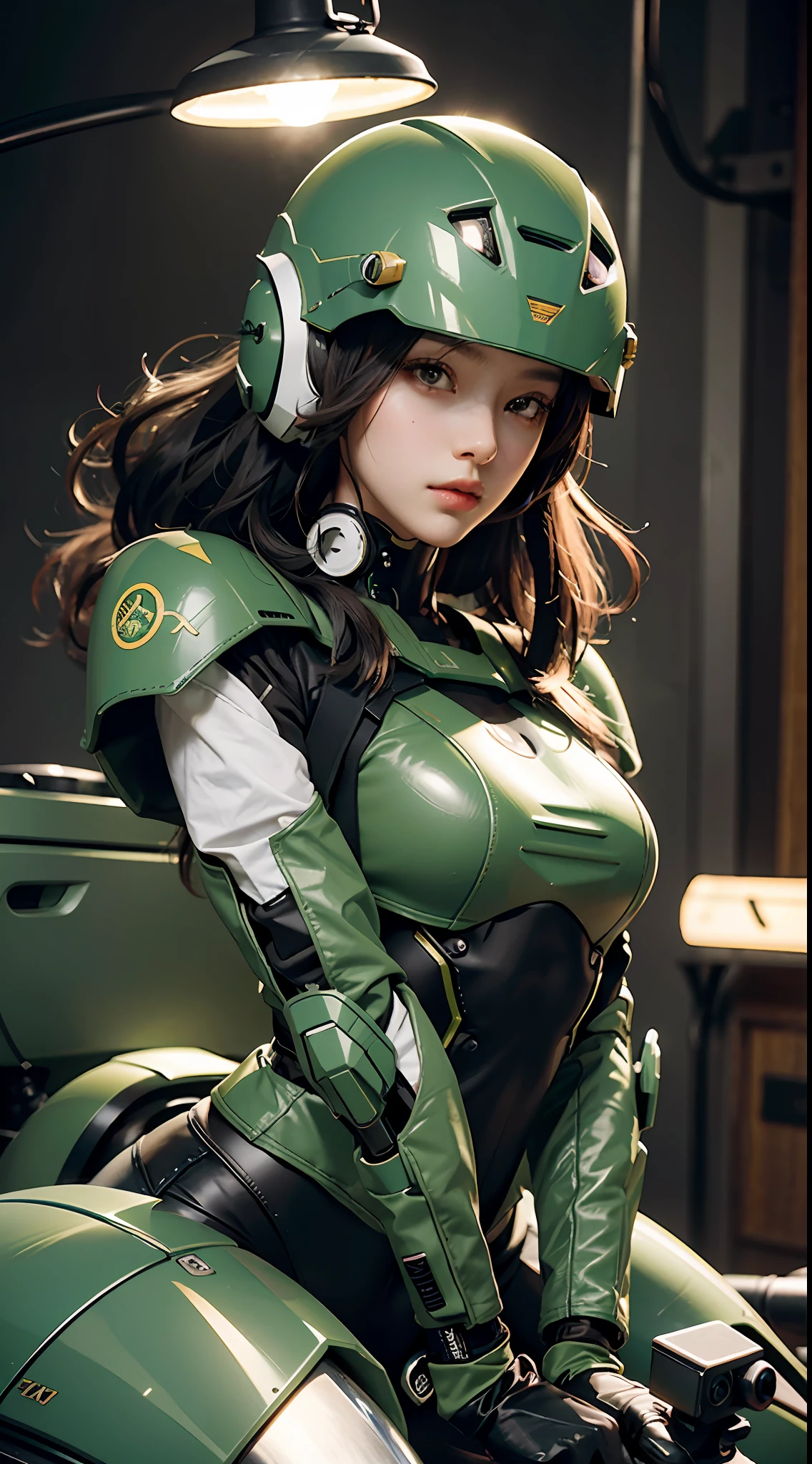 Highest image quality, outstanding details, ultra-high resolution, (realism: 1.4), the best illustration, favor details, highly condensed 1girl, with a delicate and beautiful face, dressed in a black and green mecha, wearing a mecha helmet, holding a directional controller, riding on a motorcycle, the background is a high-tech lighting scene of the future city.